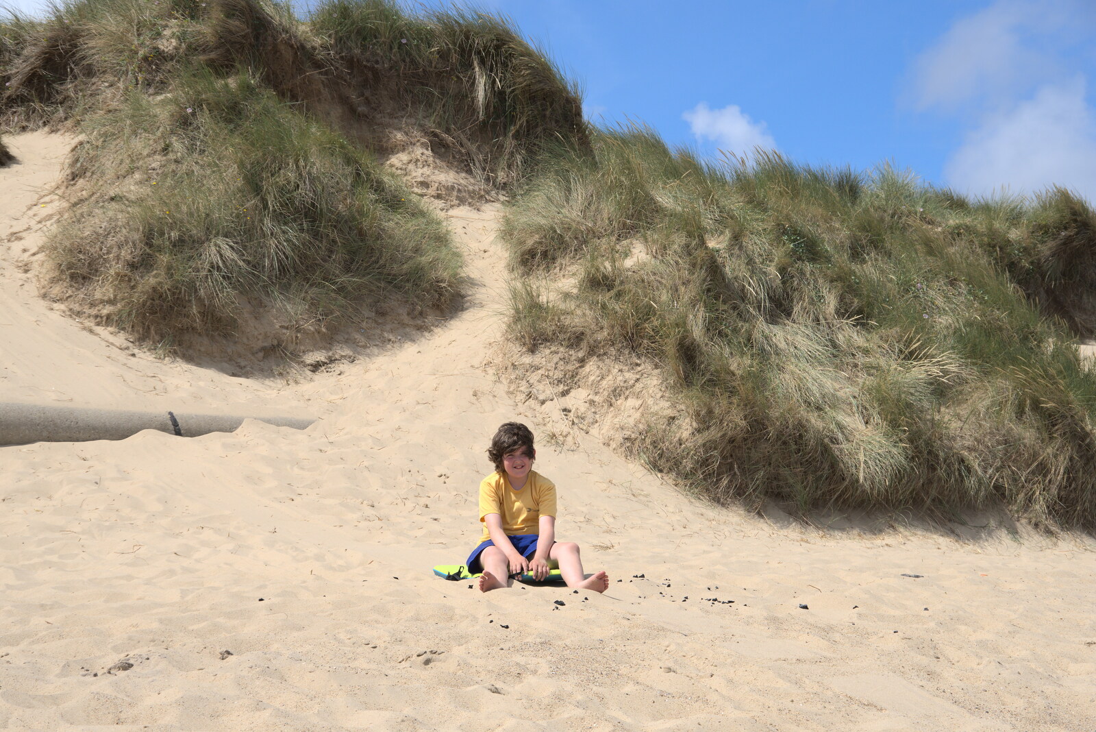 Fred sits on the sand from Camping in the Dunes, Waxham Sands, Norfolk - 9th July 2022