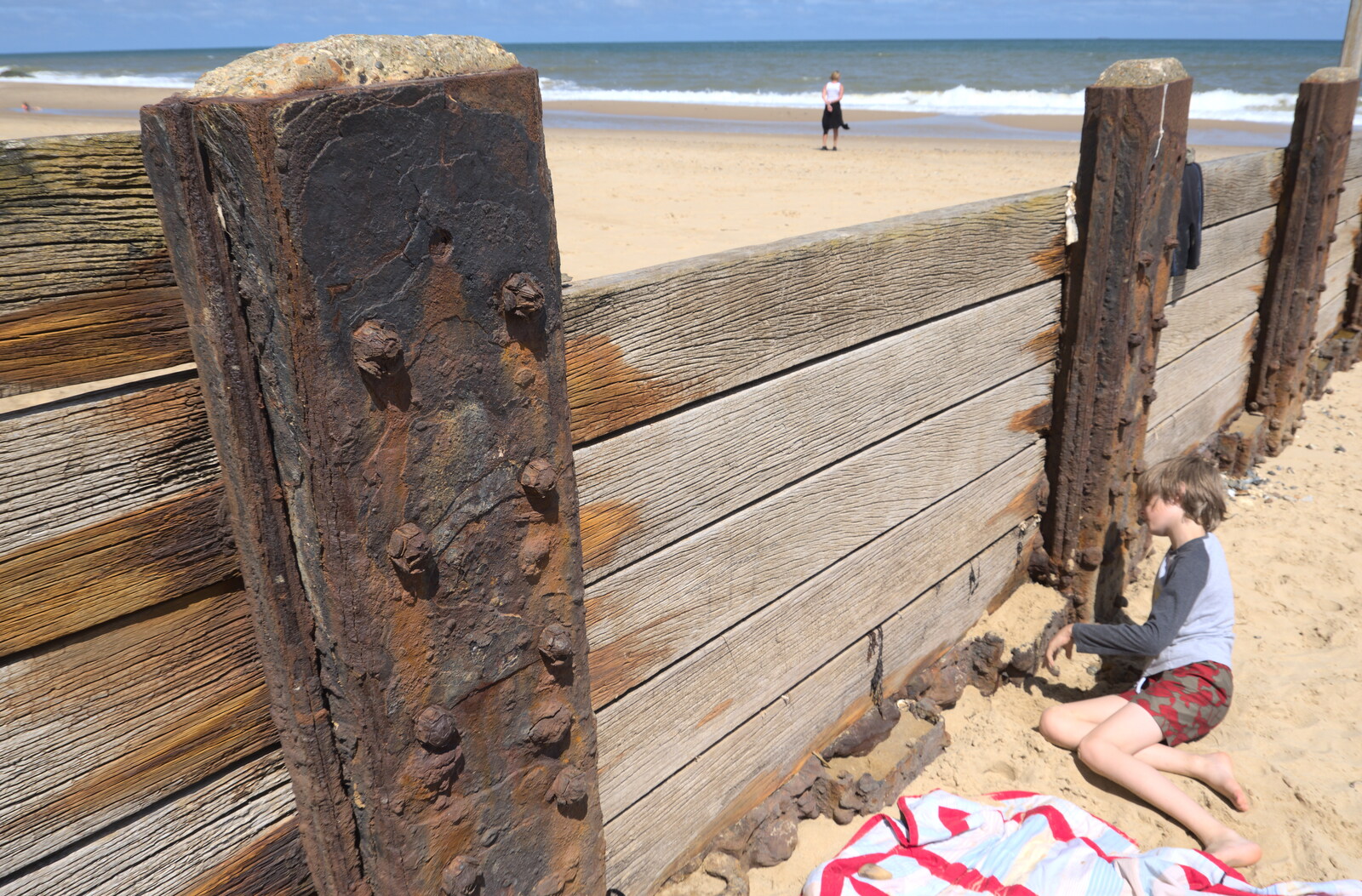Harry plays amongst the rusted groynes from Camping in the Dunes, Waxham Sands, Norfolk - 9th July 2022