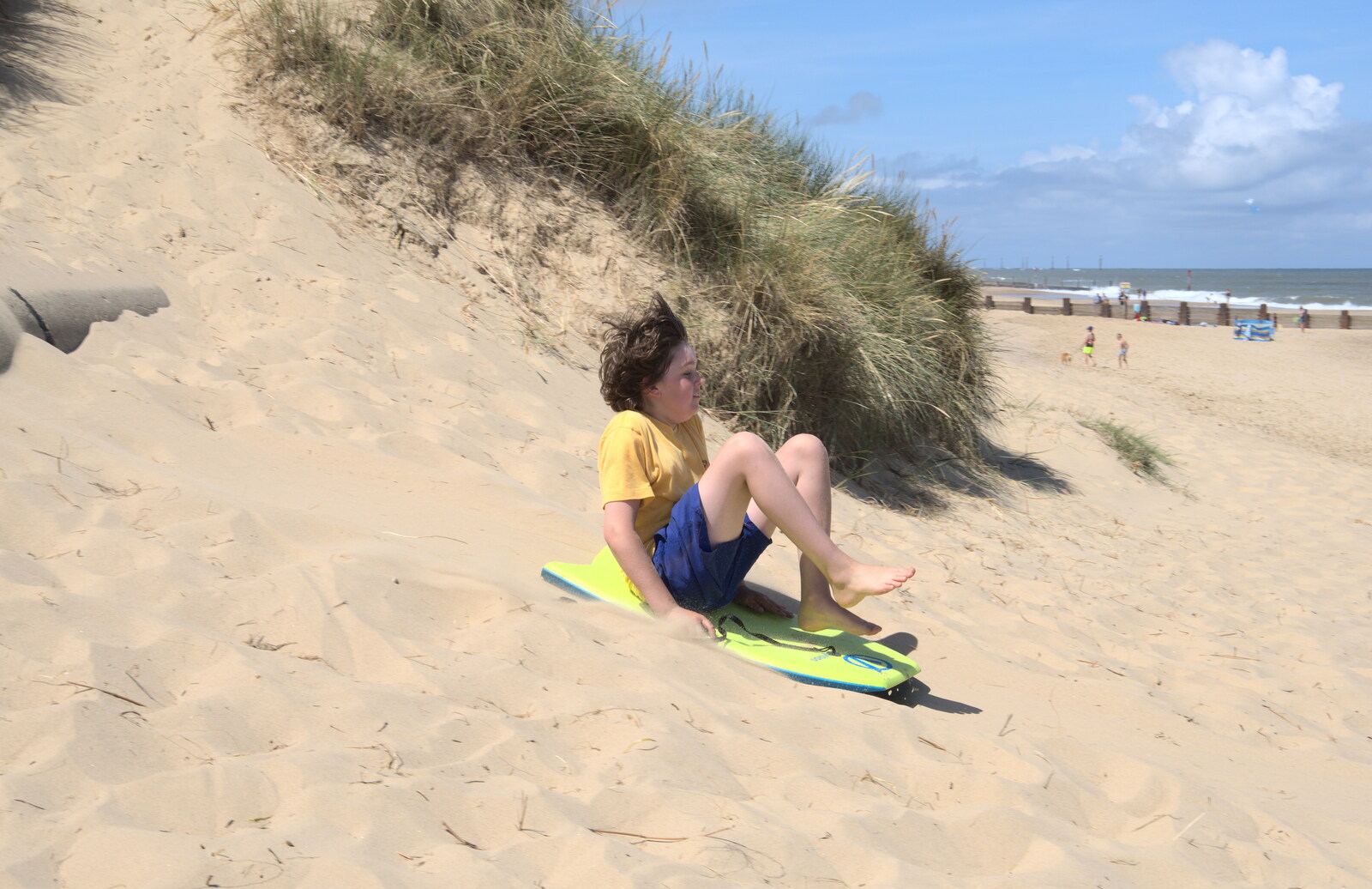 Fred has a go at sand surfing from Camping in the Dunes, Waxham Sands, Norfolk - 9th July 2022