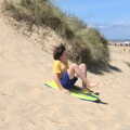 Camping in the Dunes, Waxham Sands, Norfolk - 9th July 2022, Fred has a go at sand surfing