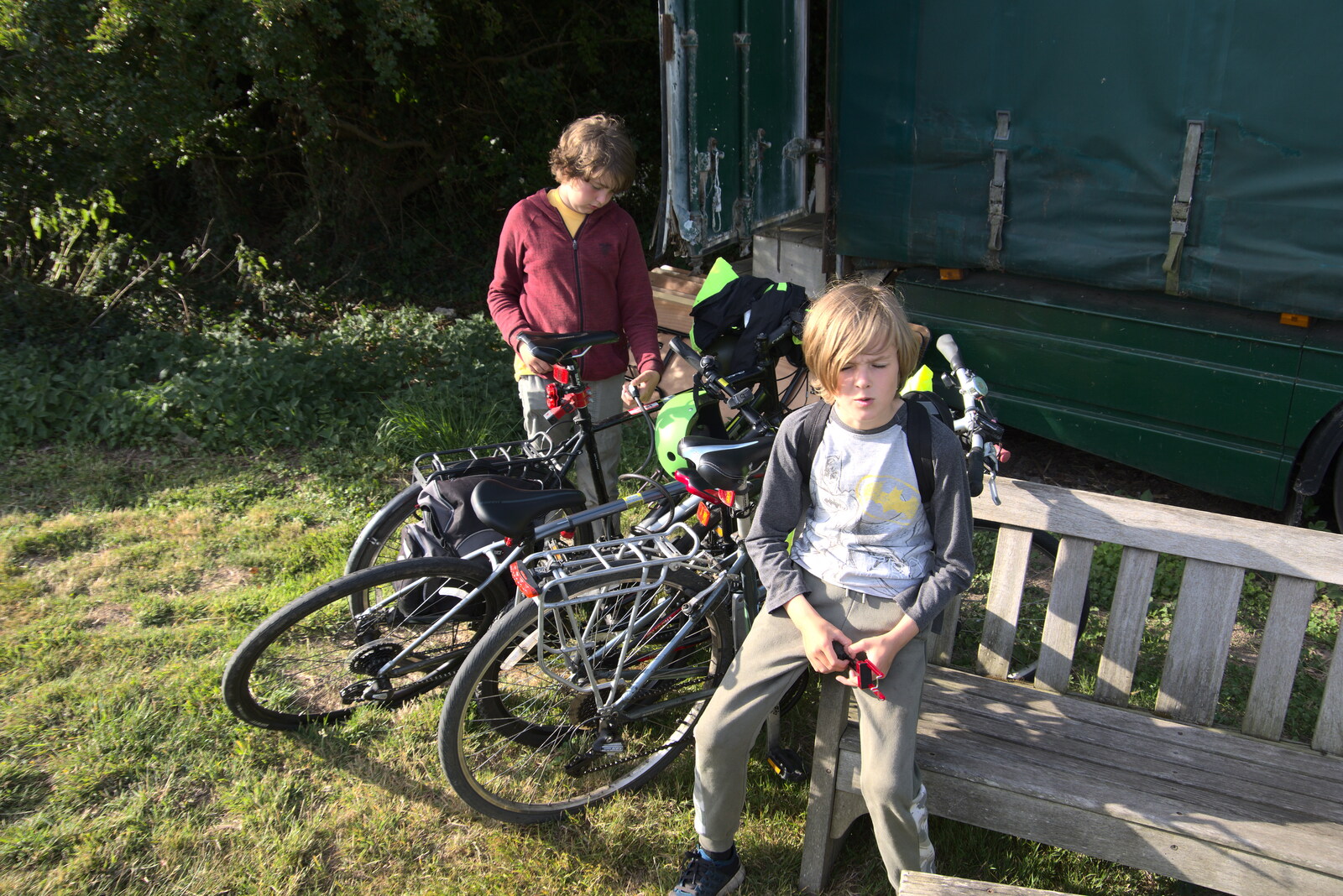 Fred and Harry by a pile of bikes from Camping in the Dunes, Waxham Sands, Norfolk - 9th July 2022