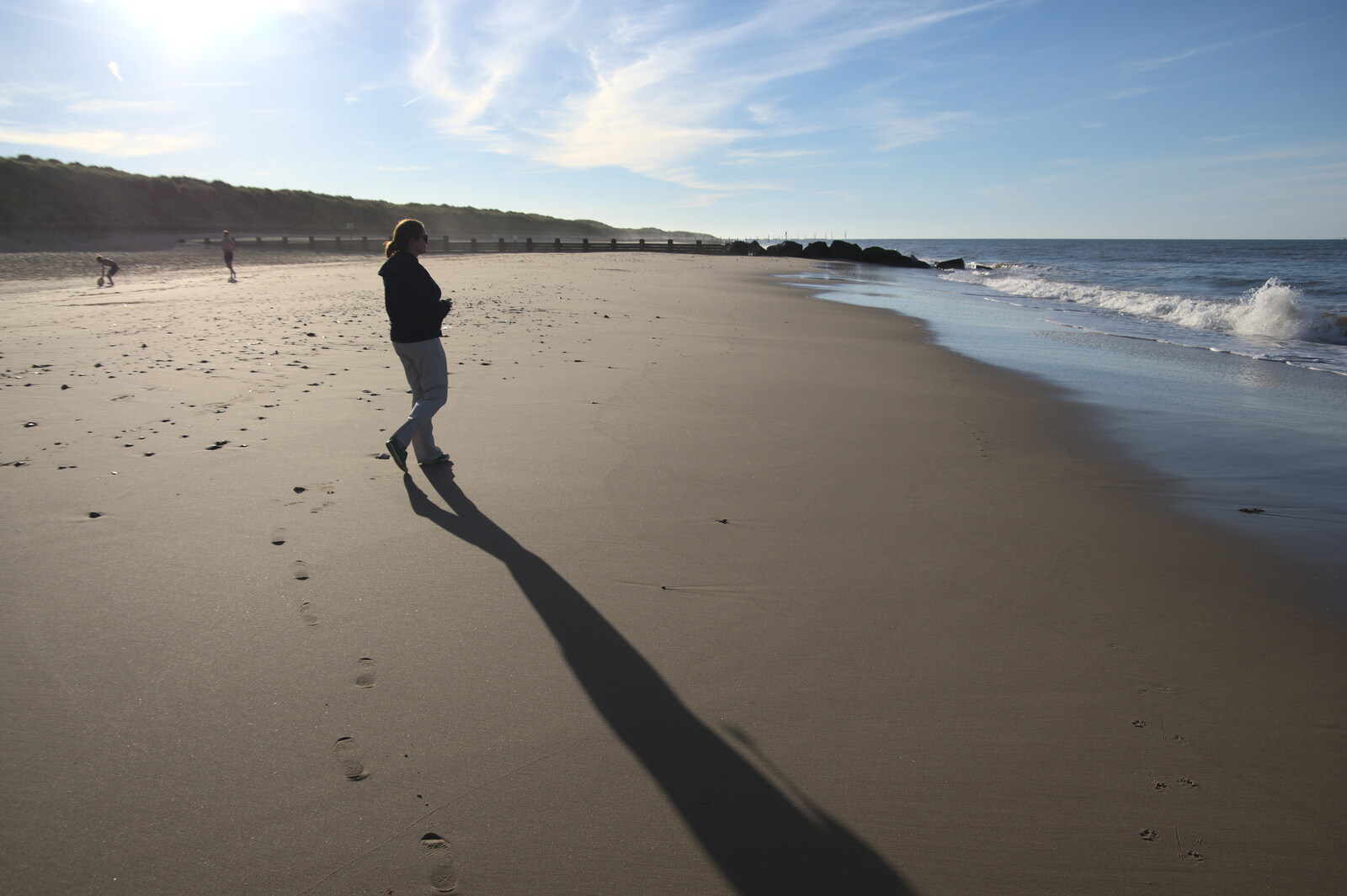 Isobel and a long shadow from Camping in the Dunes, Waxham Sands, Norfolk - 9th July 2022