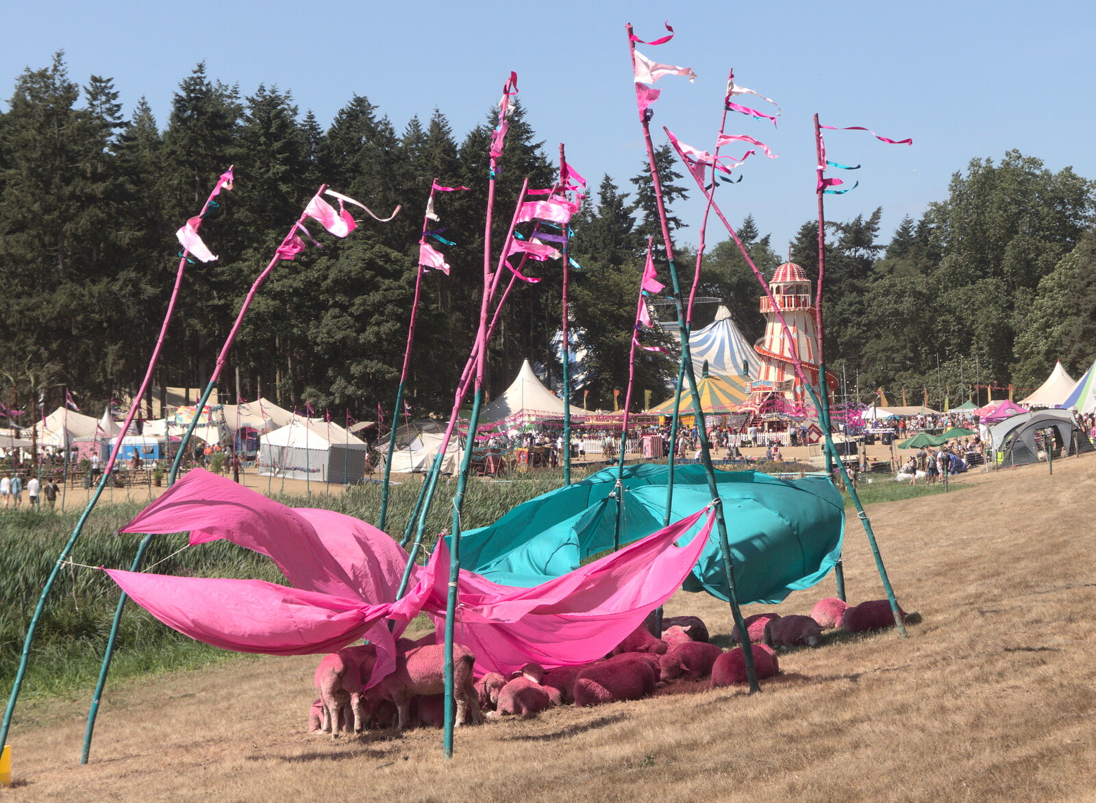 A Day at Latitude, Henham Park, Suffolk - 24th July 2022: Pink sheep and flags