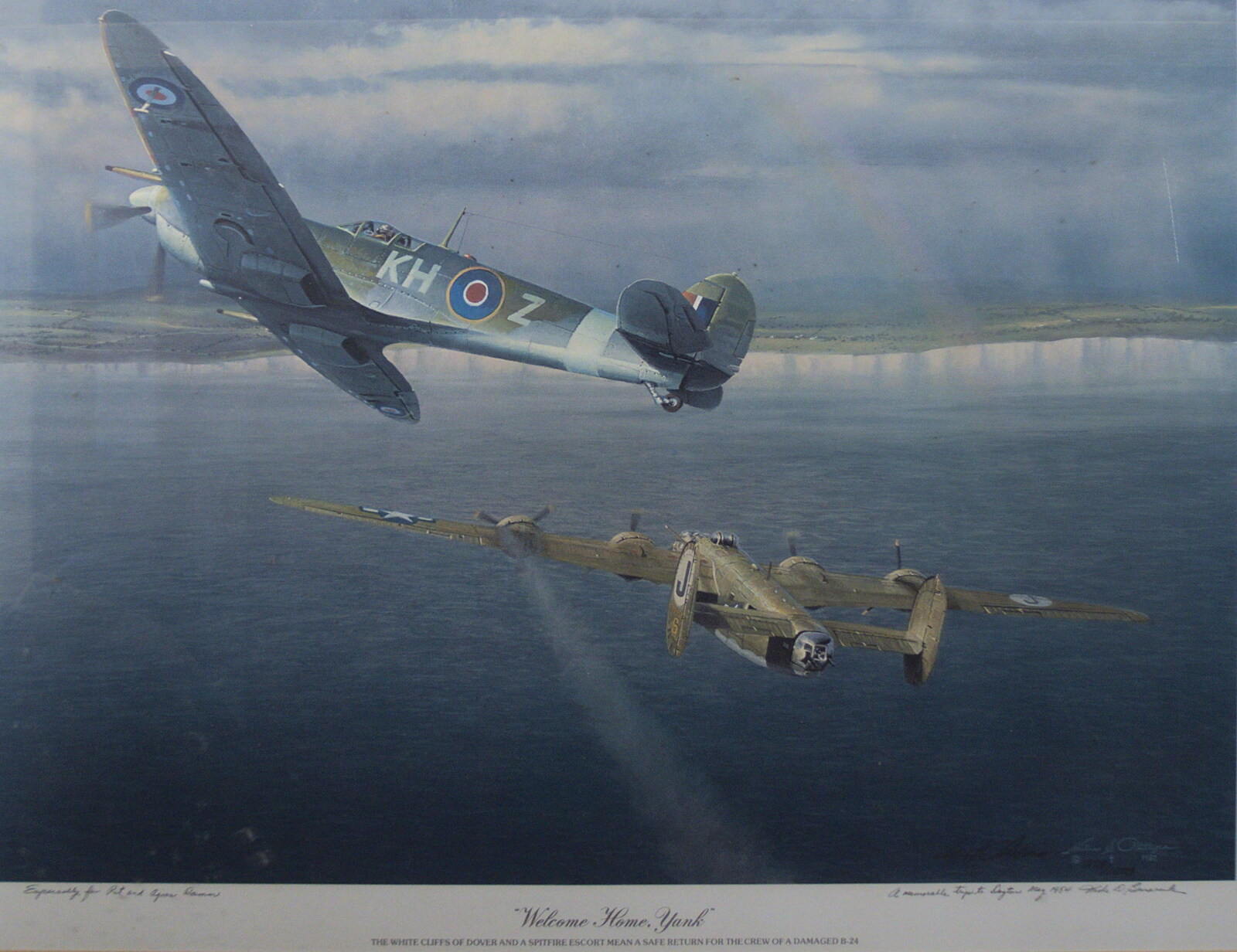 A painting of a Spitfire escorting a B24 Liberator from A Trip to Old Buckenham Airfield, Norfolk - 6th August 2022