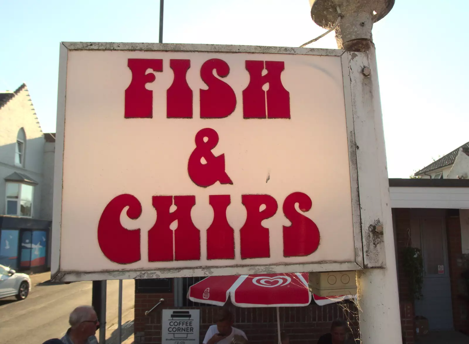 A classic 1970s fish and chips sign in East Runton, from Camping at Forest Park, Cromer, Norfolk - 12th August 2022