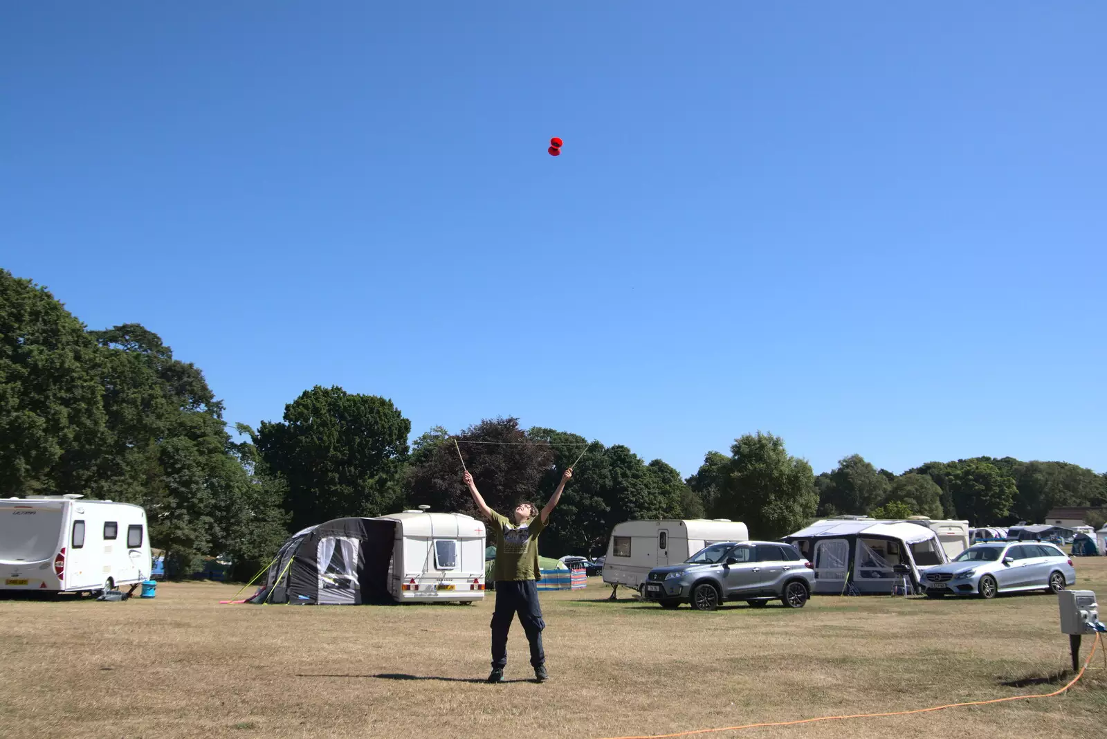 Fred flings the diablo high up in the air, from Camping at Forest Park, Cromer, Norfolk - 12th August 2022