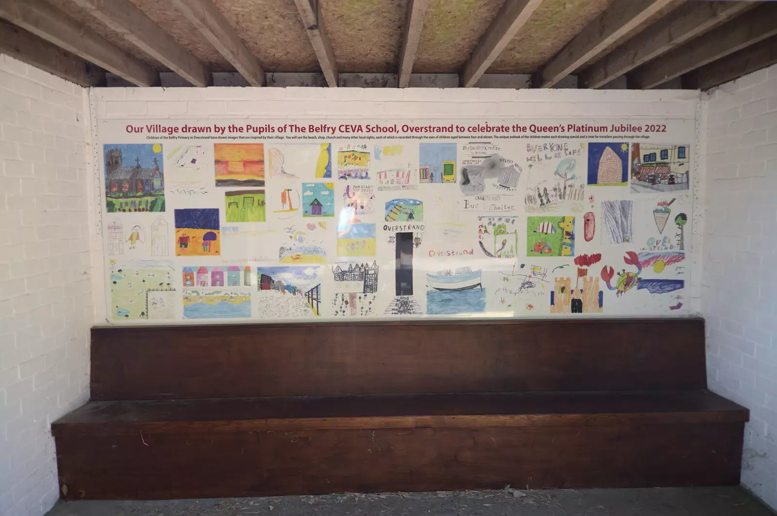 Children's pictures in an Overstrand bus shelter, from Camping at Forest Park, Cromer, Norfolk - 12th August 2022