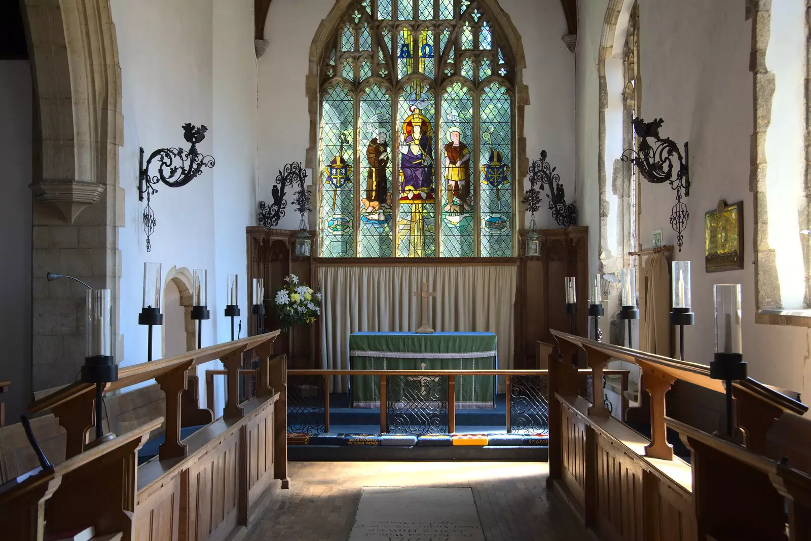 Distinctive stained glass in St. Martin's, from Camping at Forest Park, Cromer, Norfolk - 12th August 2022