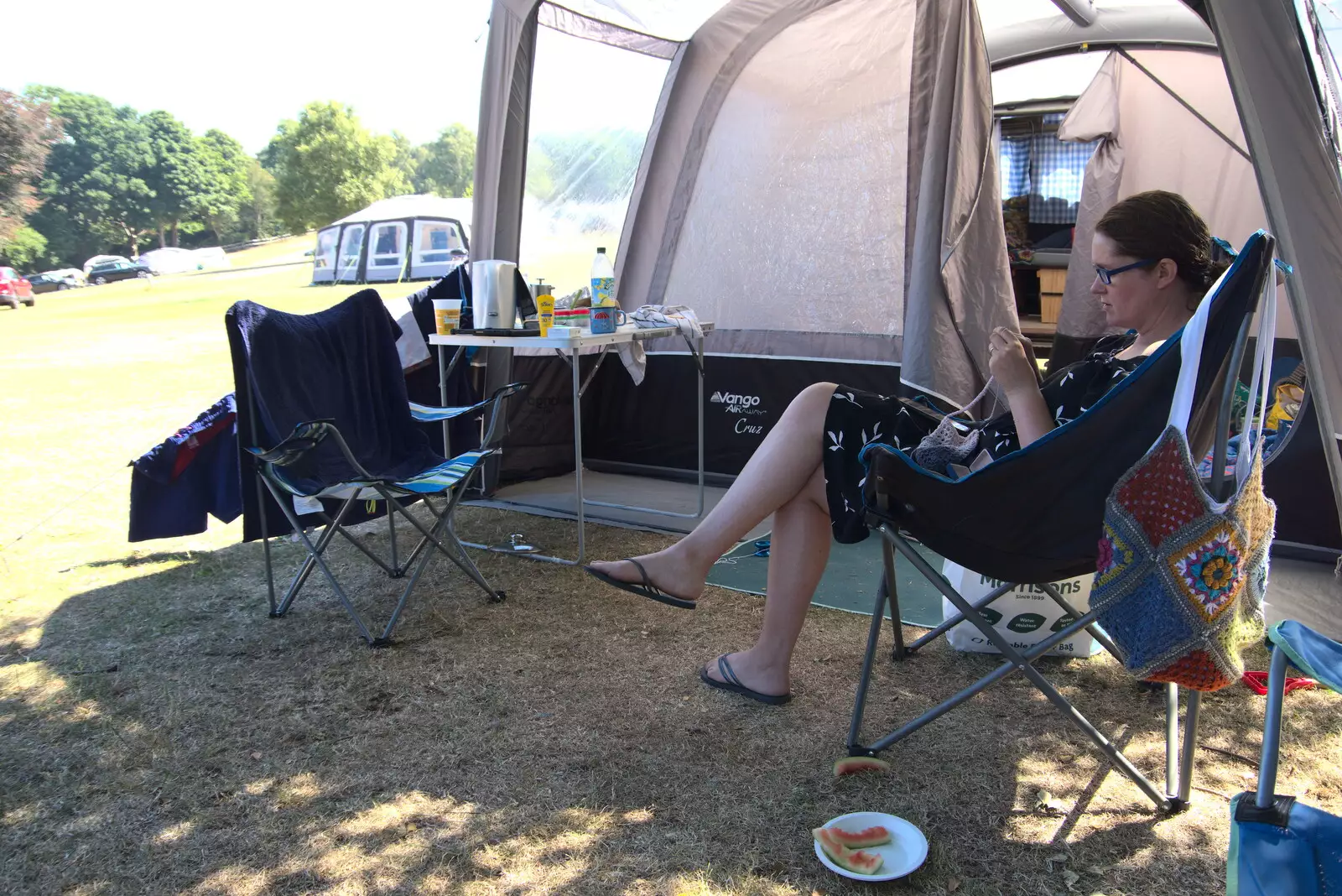 Isobel does some crochet in the awning, from Camping at Forest Park, Cromer, Norfolk - 12th August 2022