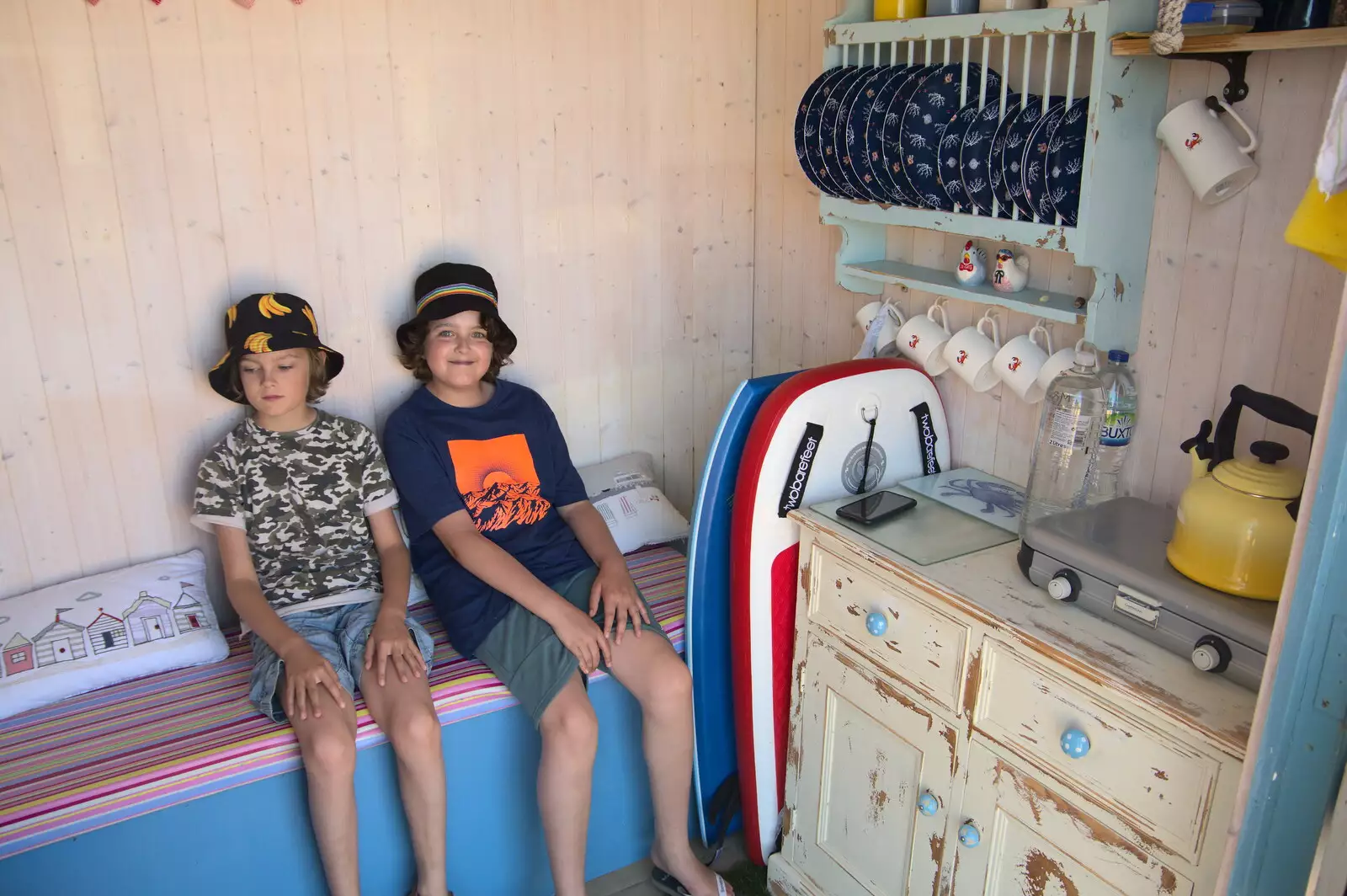 Harry and Fred are in the borrowed beach hut, from Camping at Forest Park, Cromer, Norfolk - 12th August 2022