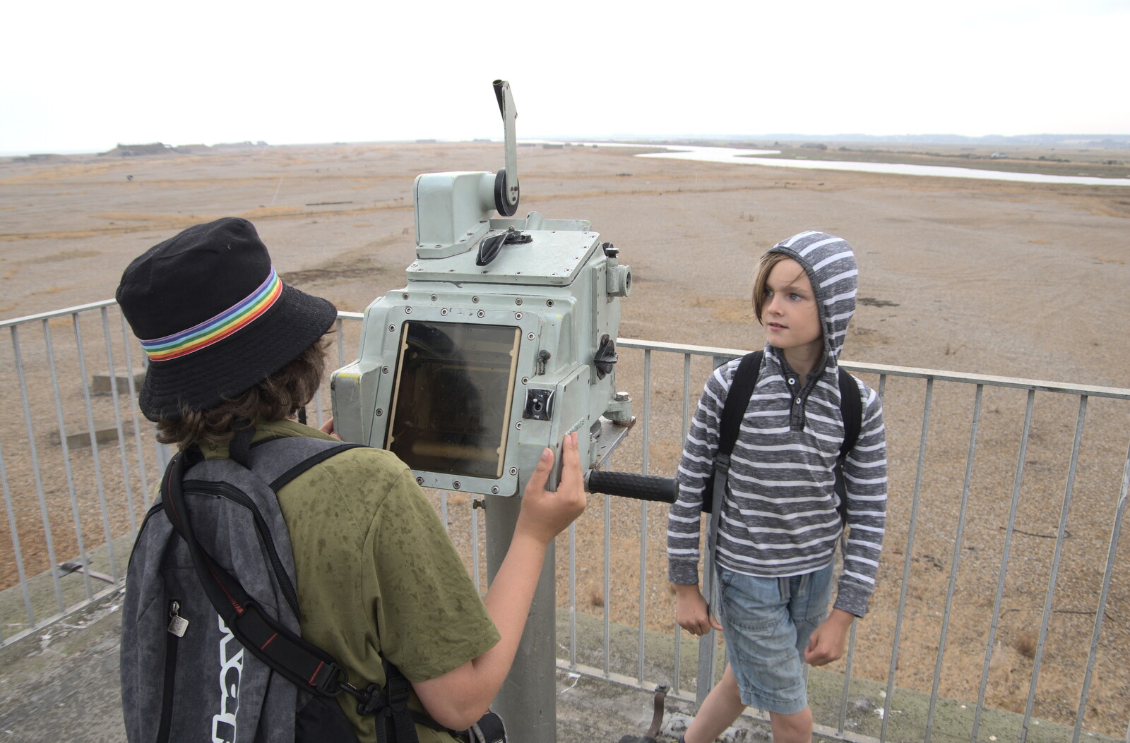 The boys try out some high-quality binoculars from A Trip to Orford Ness, Orford, Suffolk - 16th August 2022