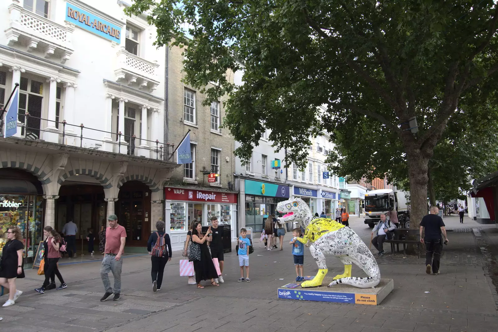 The dinosaur on Gentleman's Walk, from A Norwich Trip, and Rob Folkard and Jo at The Bank, Eye, Suffolk - 20th August 2022