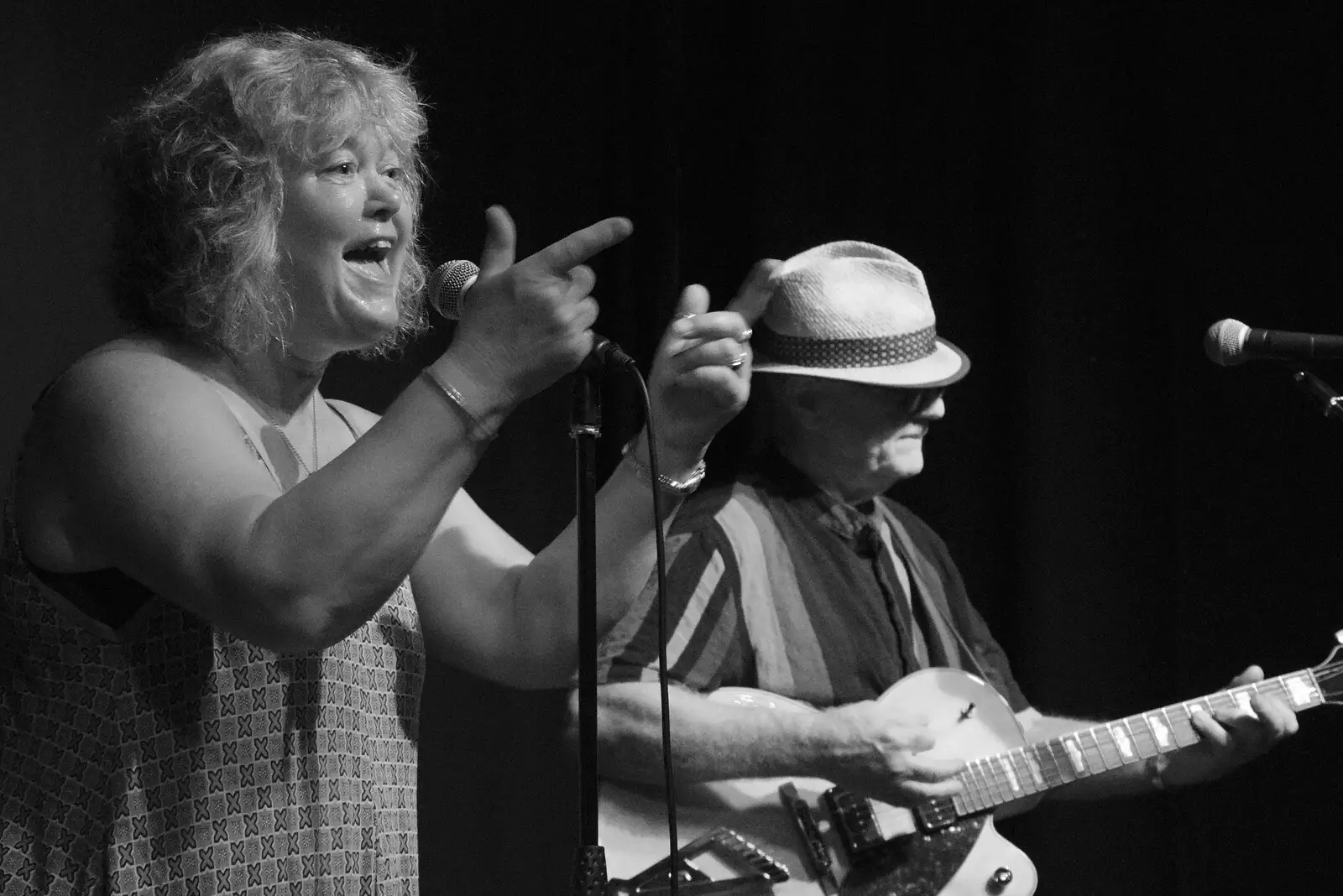 Jo's on the mic, from A Norwich Trip, and Rob Folkard and Jo at The Bank, Eye, Suffolk - 20th August 2022