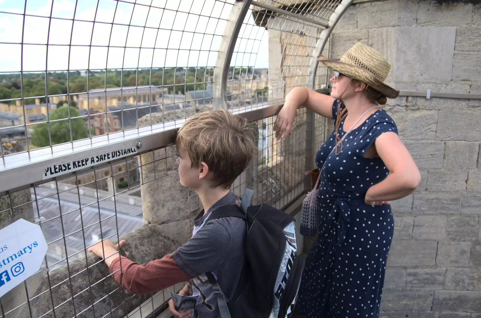 Harry and Isobel peer out over Cambridge, from Anglesey Abbey and a #StandWithUkraine Demo, Cambridge - 24th August 2022