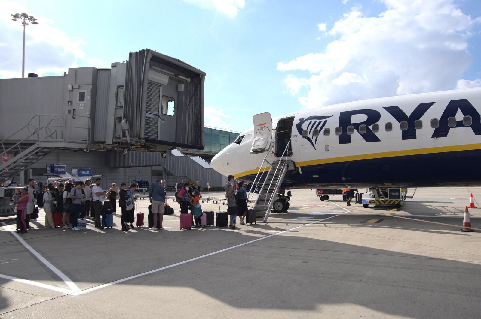 The Flags of Arezzo, Tuscany, Italy - 28th August 2022: Typical Ryanair - won't pay for the air bridge
