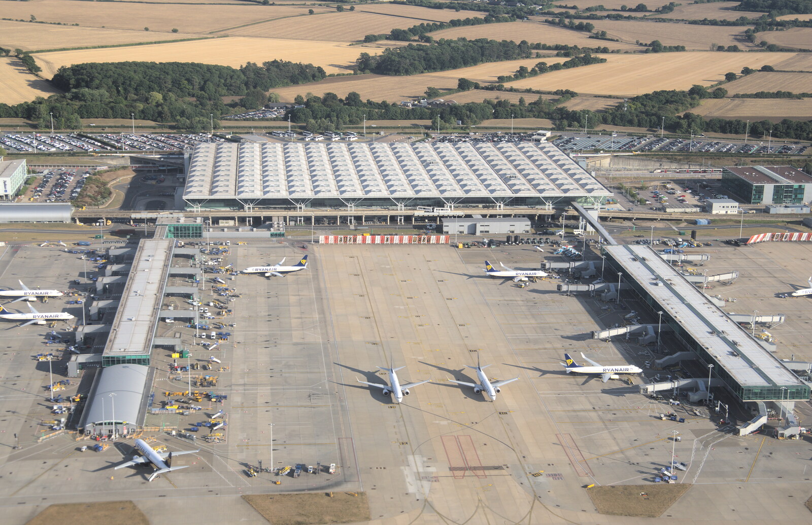 The Flags of Arezzo, Tuscany, Italy - 28th August 2022: The Norman Foster terminal from the air