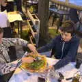 Isobel helps slice up Fred's pizza, The Flags of Arezzo, Tuscany, Italy - 28th August 2022