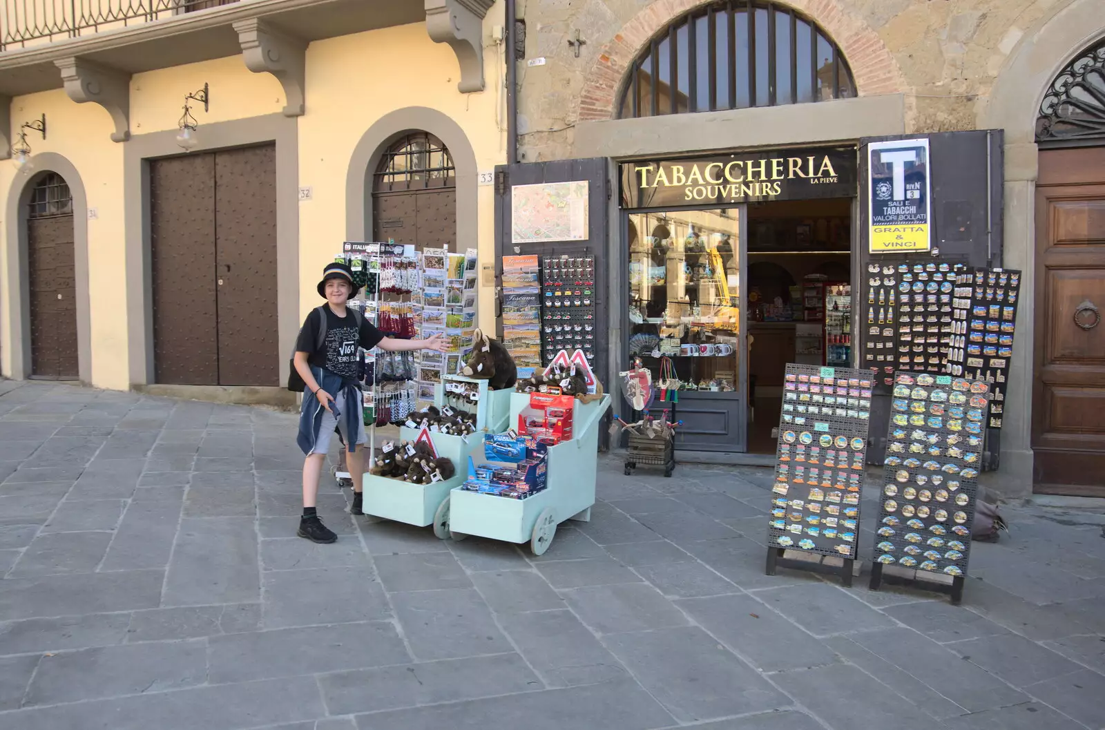 Fred looks at even more stuff boar toys, from The Flags of Arezzo, Tuscany, Italy - 28th August 2022