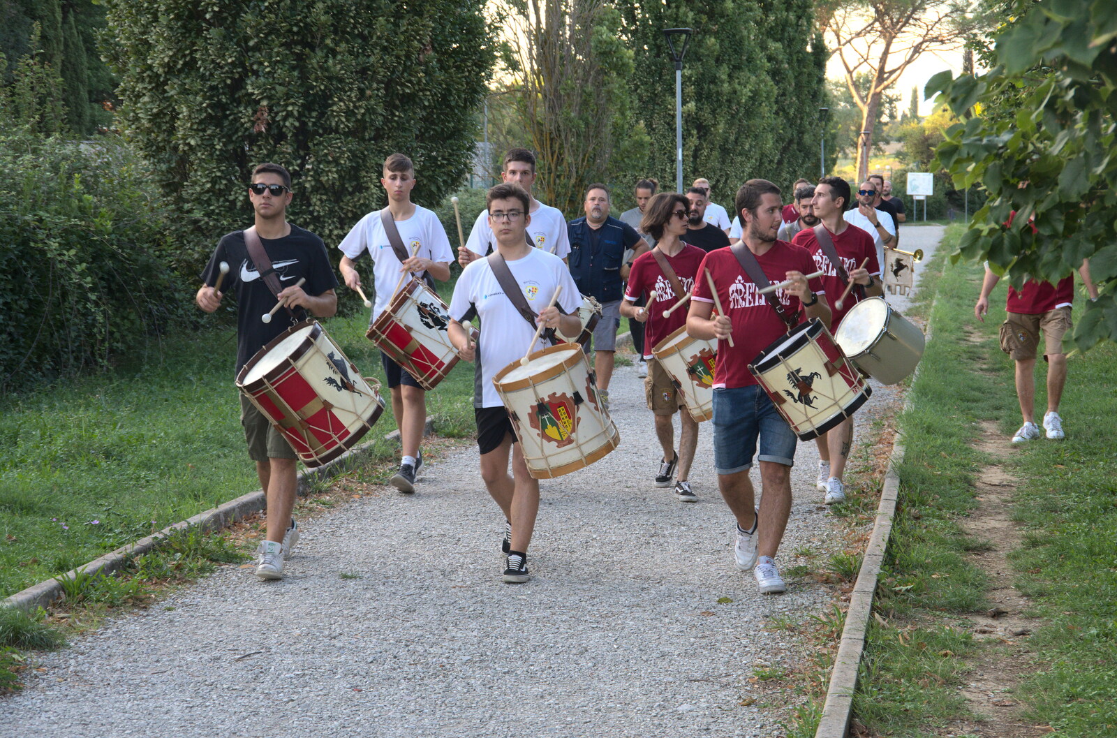 The Flags of Arezzo, Tuscany, Italy - 28th August 2022: The drummers do a circuit of the park