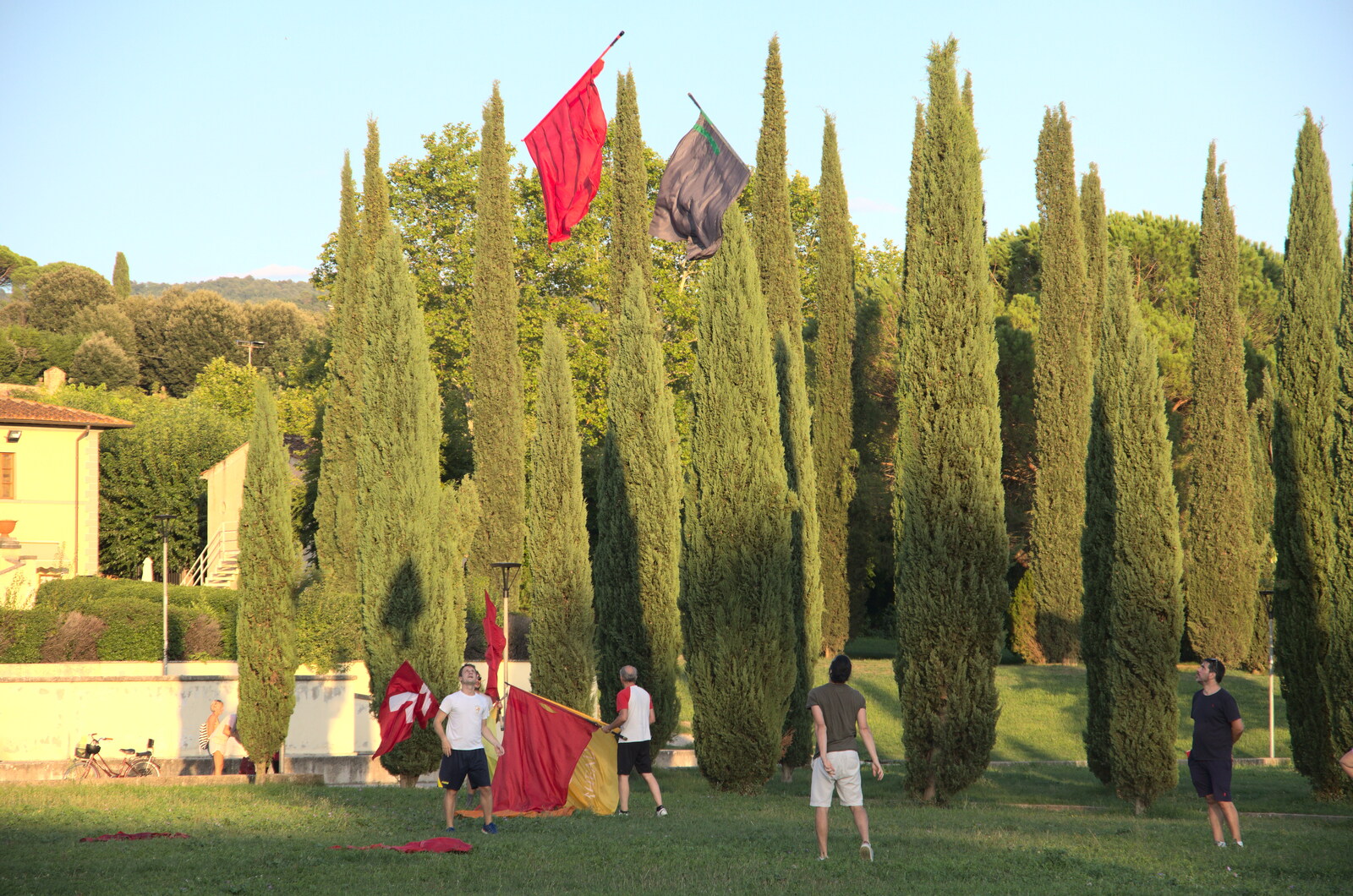 The Flags of Arezzo, Tuscany, Italy - 28th August 2022: There's some flag-hurling practice