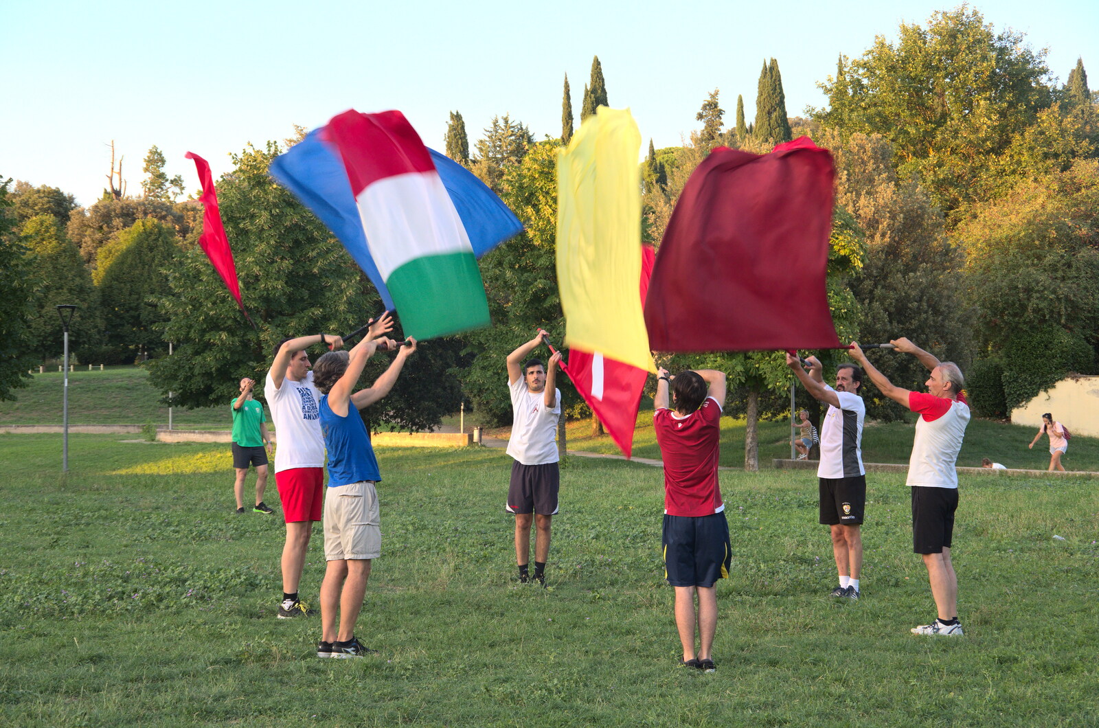 The Flags of Arezzo, Tuscany, Italy - 28th August 2022: More flag-swirling practice