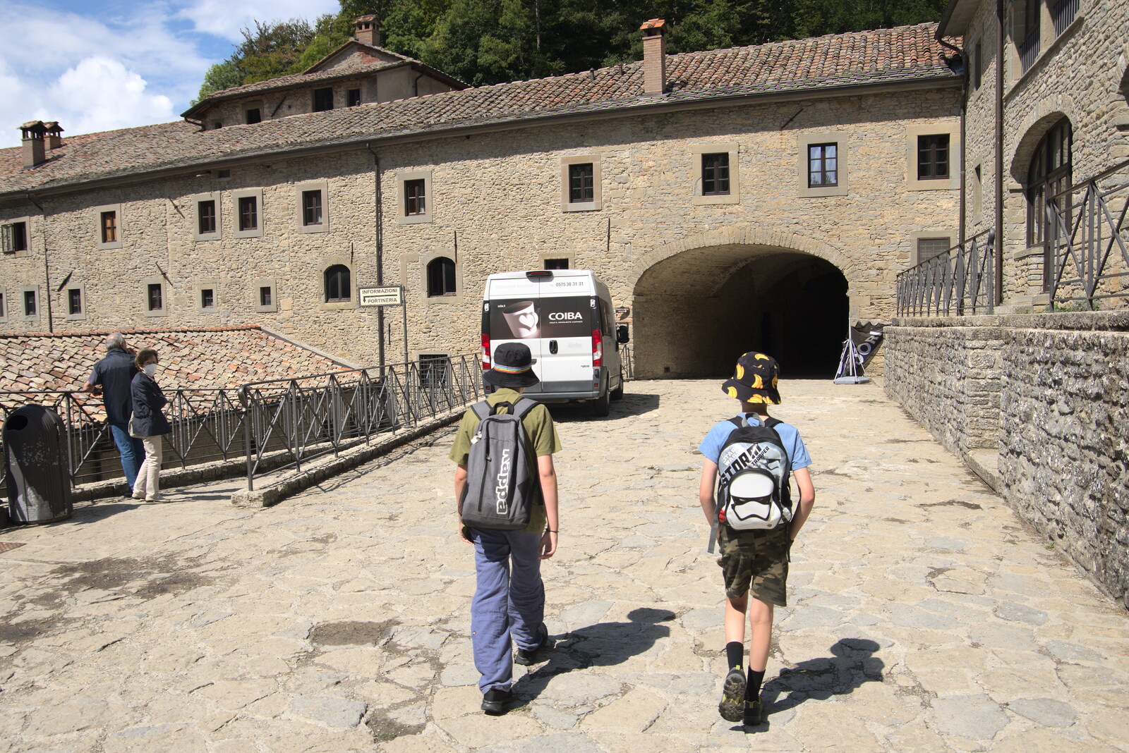 The boys head into the monastery at La Verna from Castiglio Del Lago and Santuario della Verna, Umbria and Tuscany, Italy - 1st September 2022