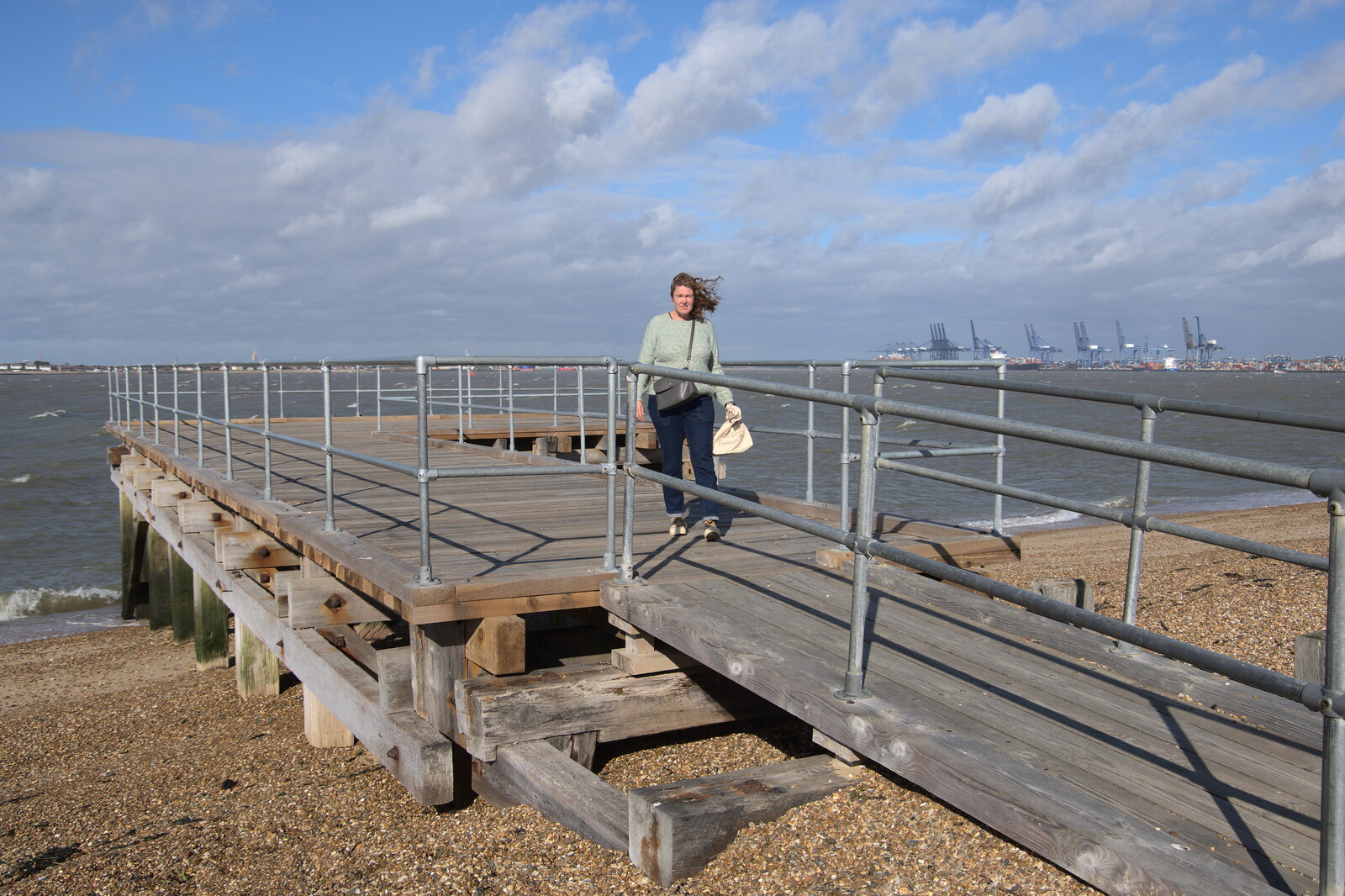 A Postcard from Felixstowe, Suffolk - 5th October 2022: Isobel walks off the pontoon viewpoint