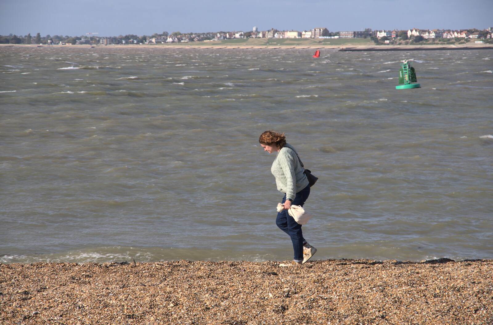A Postcard from Felixstowe, Suffolk - 5th October 2022: Isobel stomps into the wind