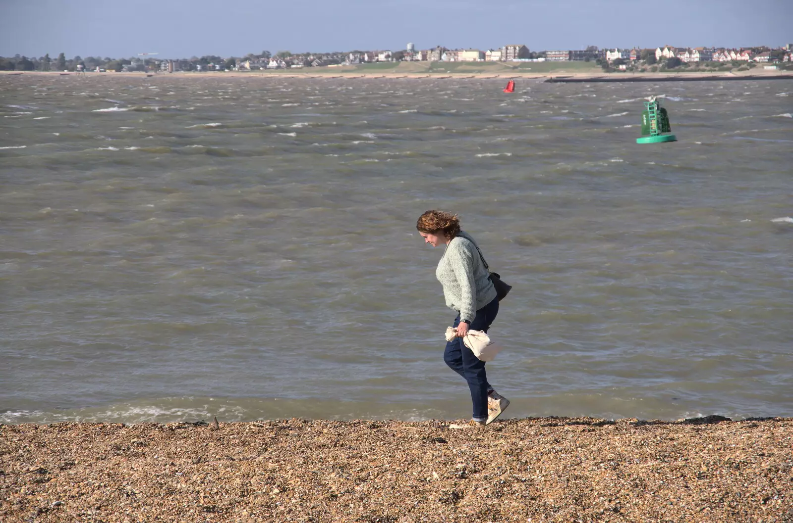 Isobel stomps into the wind, from A Postcard from Felixstowe, Suffolk - 5th October 2022