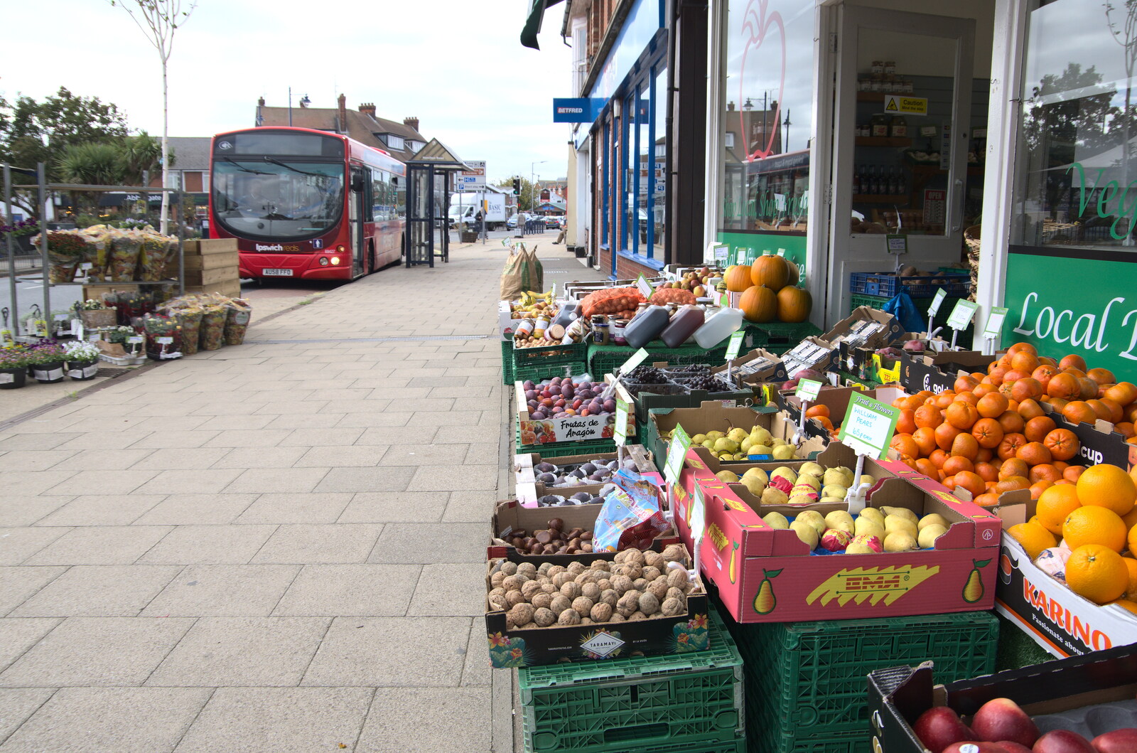 A bus, and the greengrocer next door from A Postcard from Felixstowe, Suffolk - 5th October 2022