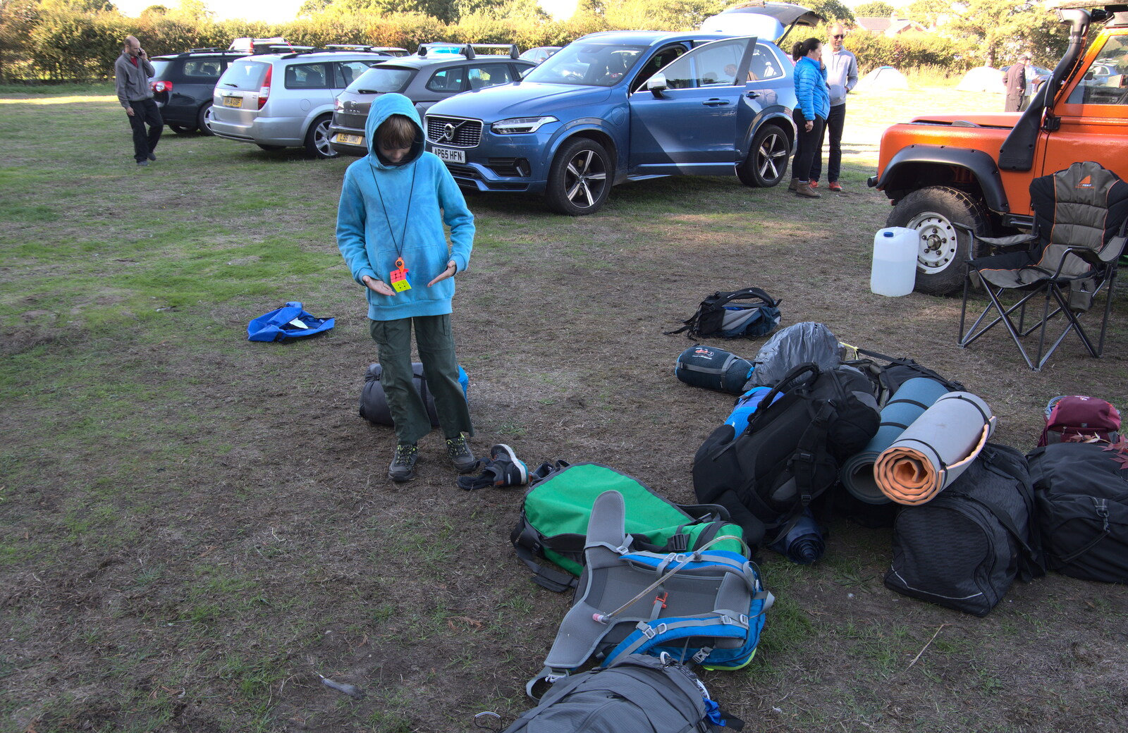 Harry stands around a pile of camping gear from Harry's Scout Hike, Walberswick and Dunwich, Suffolk - 9th October 2022