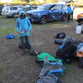 Harry stands around a pile of camping gear, Harry's Scout Hike, Walberswick and Dunwich, Suffolk - 9th October 2022