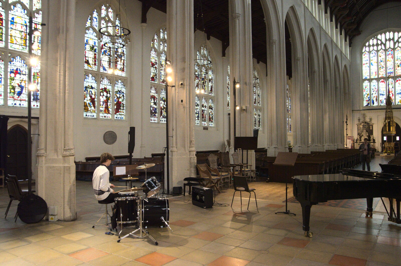 A lad plays drums in the cathedral from St. Edmundsbury Cathedral, Bury St. Edmunds, Suffolk - 14th October 2022