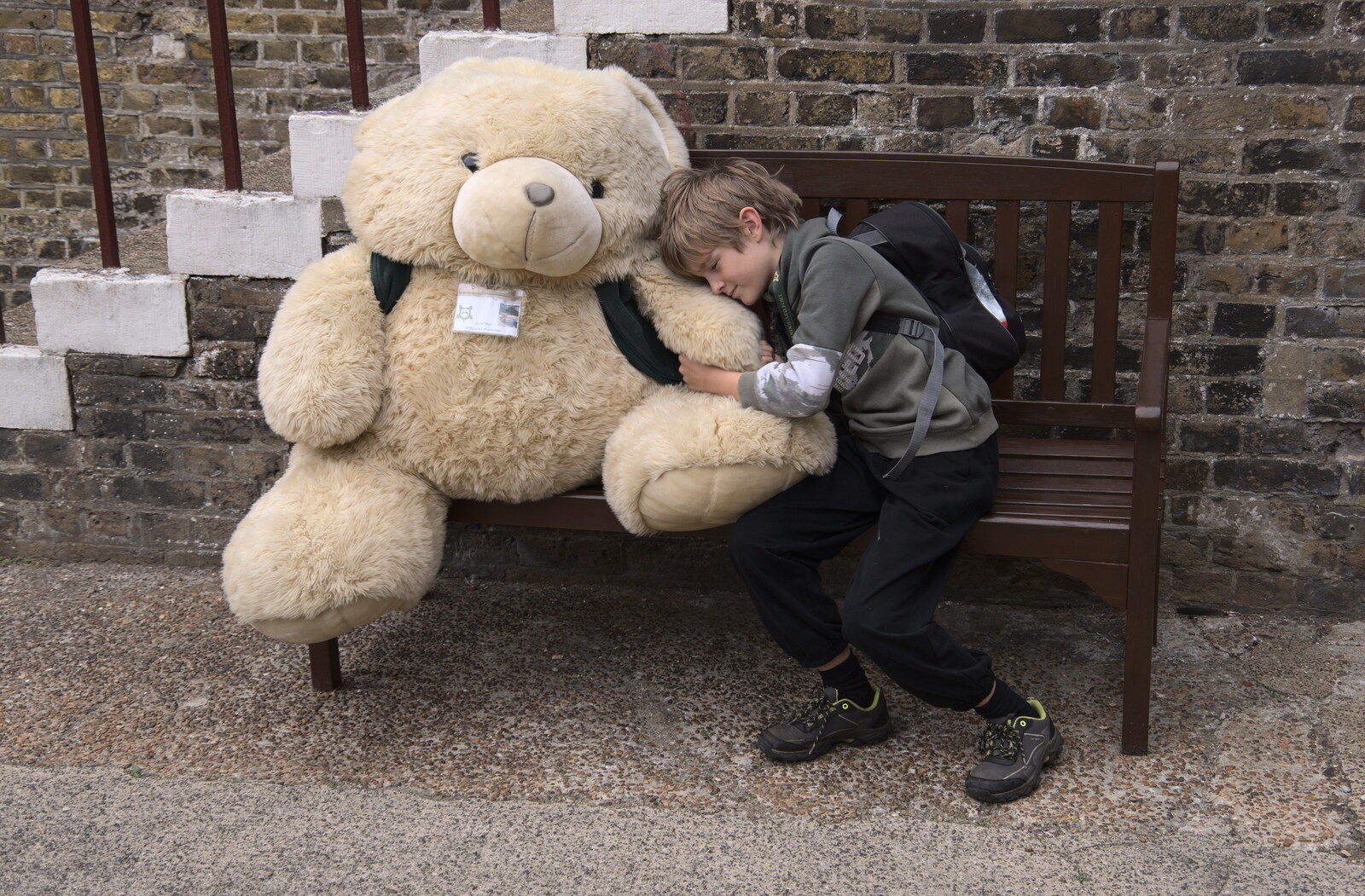 Harry gets another hug of the giant teddy bear from A Trip to Landguard Fort, Felixstowe, Suffolk - 16th October 2022