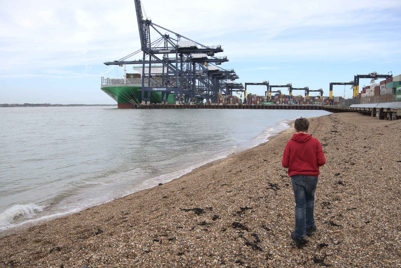 Fred walks the shoreline near the port from A Trip to Landguard Fort, Felixstowe, Suffolk - 16th October 2022