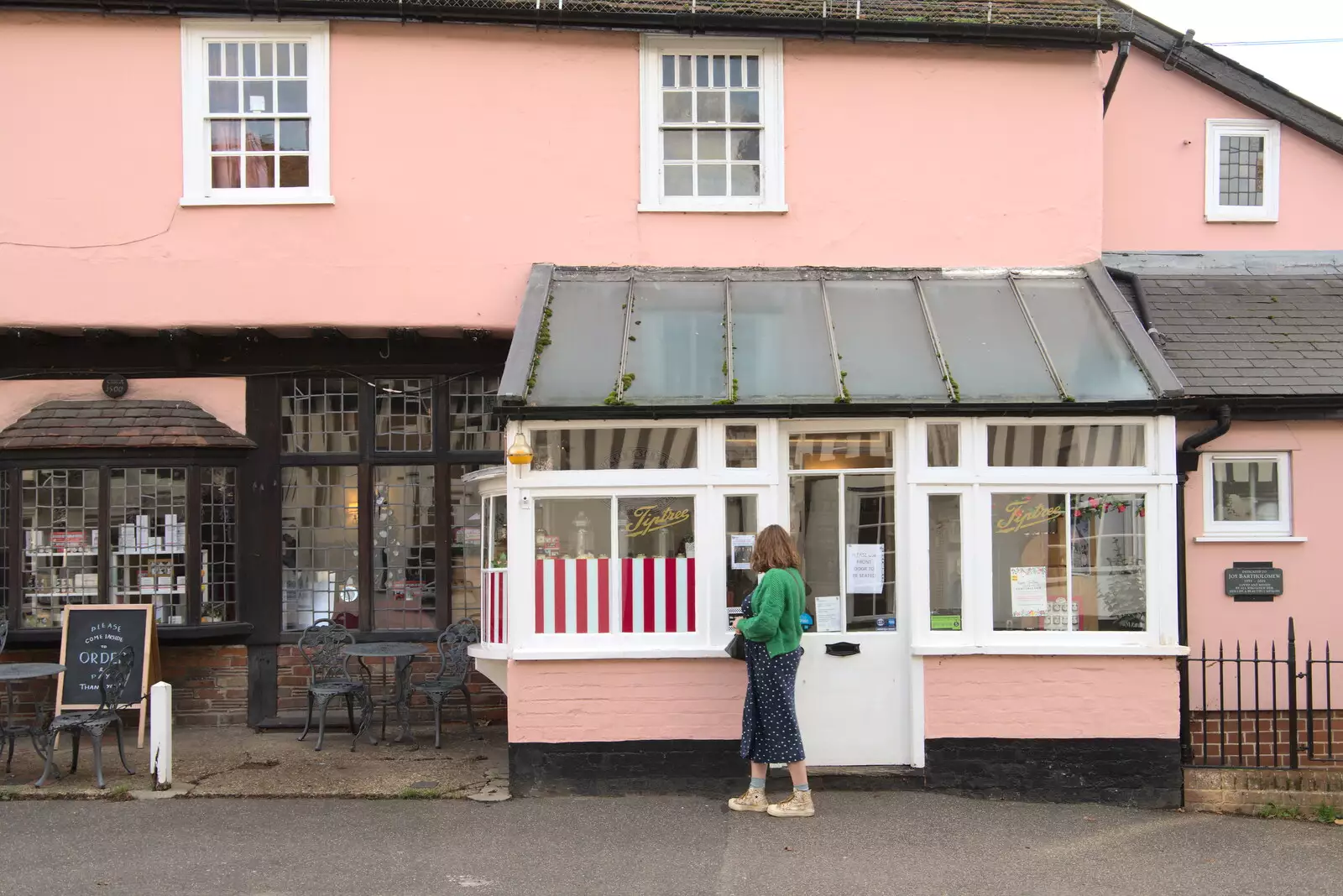 Isobel scopes out the Tea Shop over the road, from A Postcard from Flatford and Dedham, Suffolk and Essex, 9th November 2022