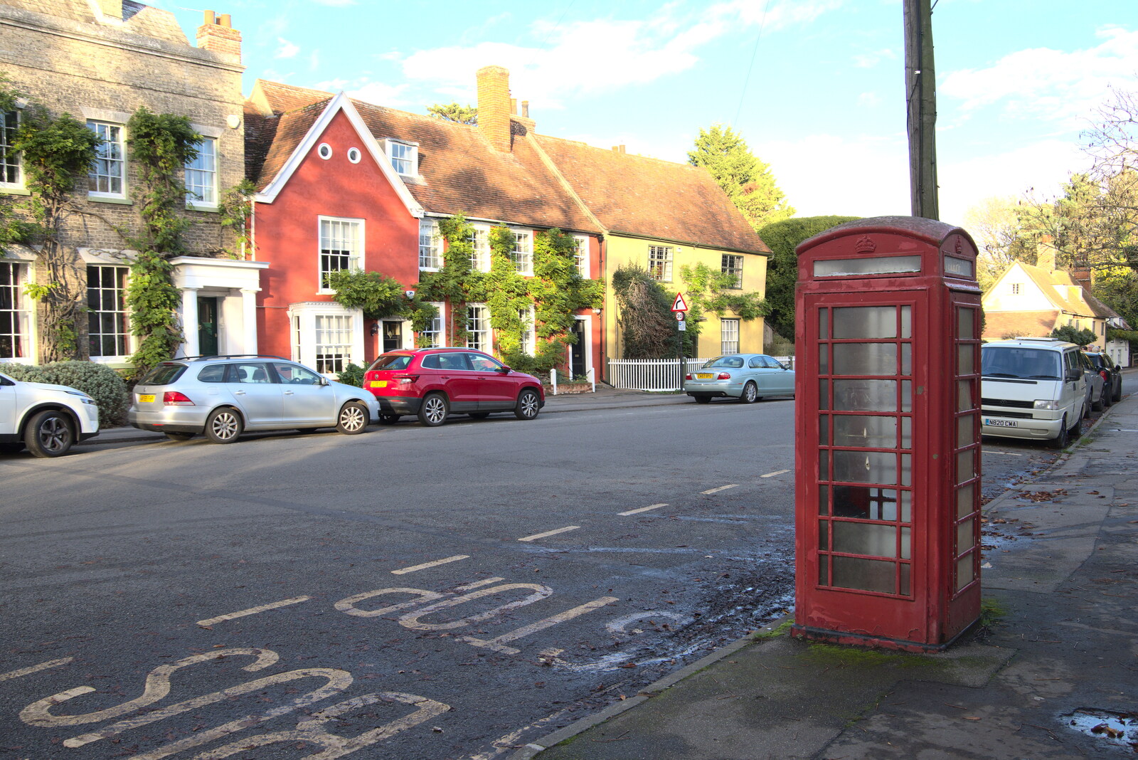 A Postcard from Flatford and Dedham, Suffolk and Essex, 9th November 2022: A K6 phonebox on the main street