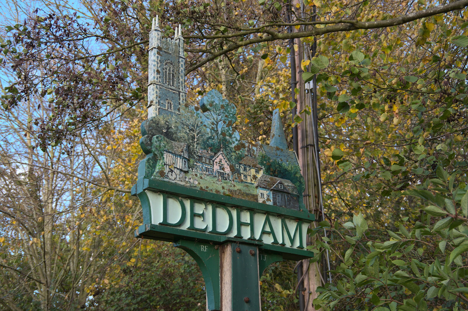 A Postcard from Flatford and Dedham, Suffolk and Essex, 9th November 2022: The Dedham sign, near the car park