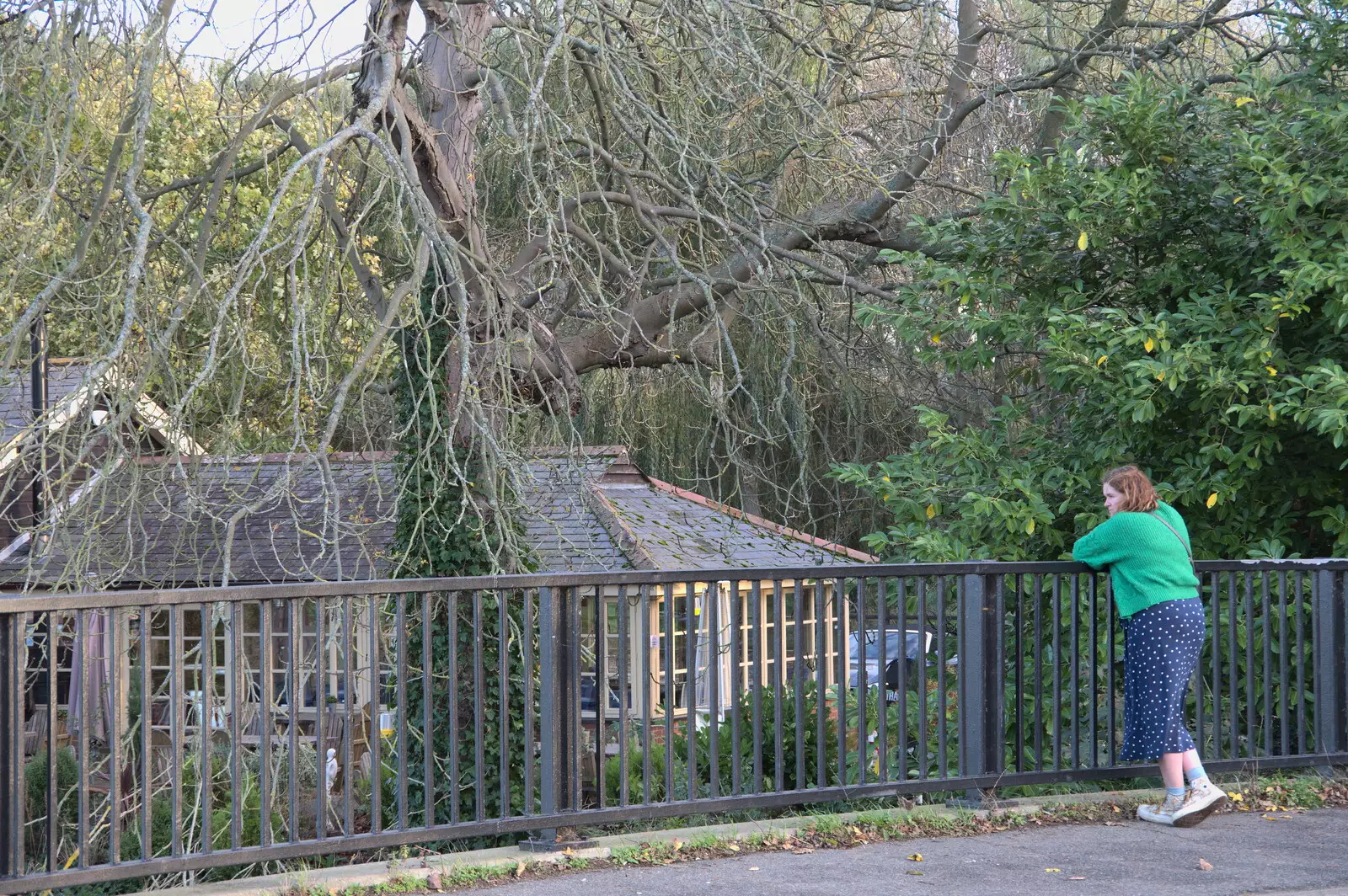 Isobel looks over the bridge, from A Postcard from Flatford and Dedham, Suffolk and Essex, 9th November 2022