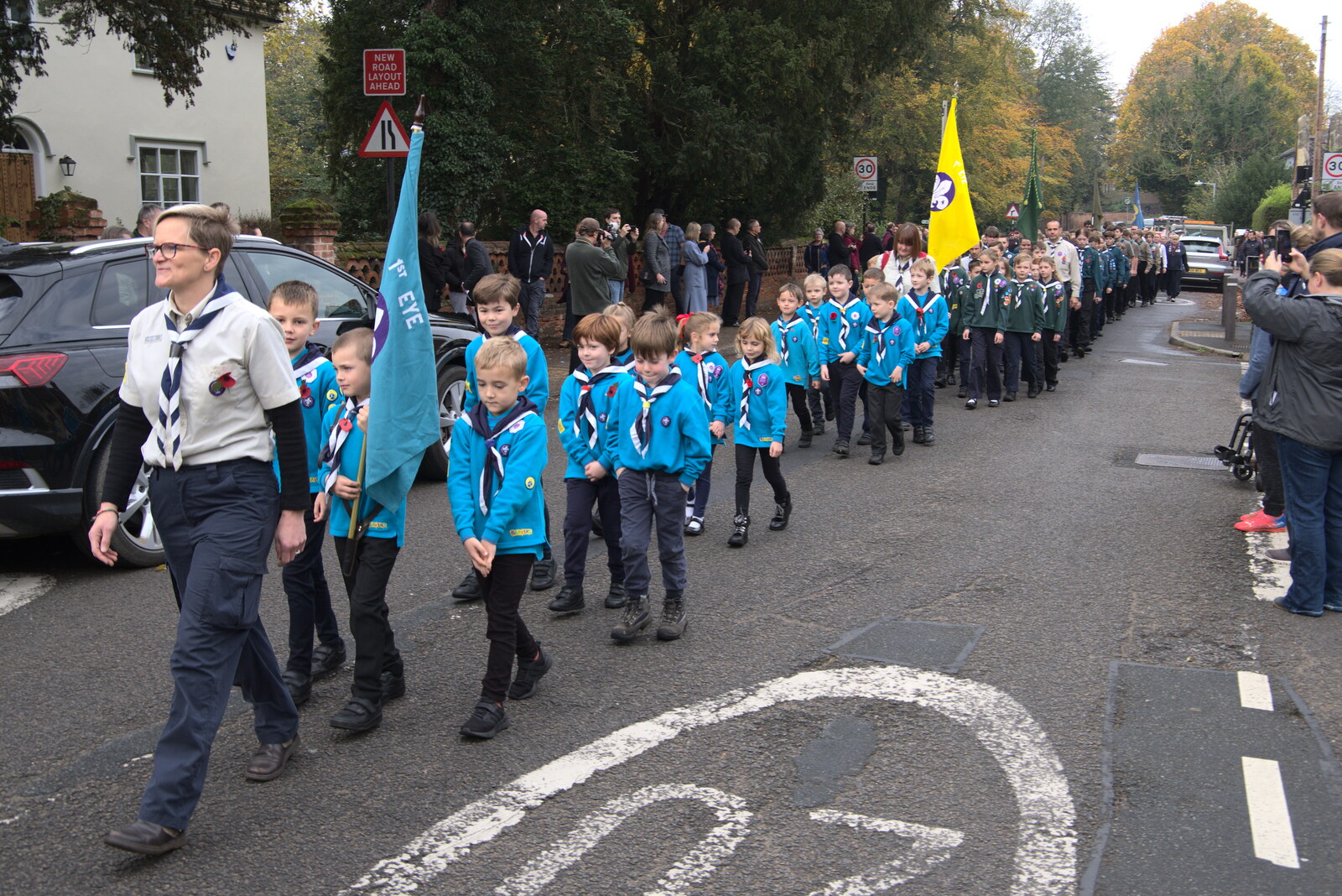 The Scouts' Remembrance Day Parade, Eye, Suffolk - 13th November 2022: Beavers lead the Scouts up Lambseth Street