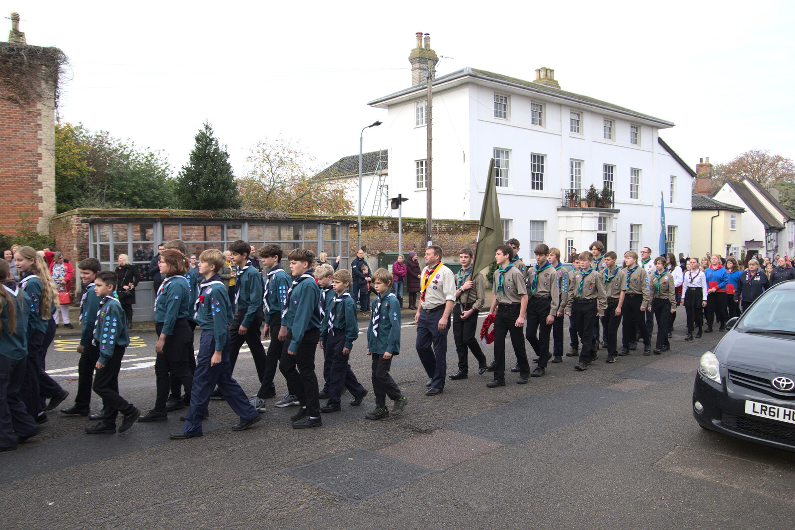The Scouts' Remembrance Day Parade, Eye, Suffolk - 13th November 2022: The parade reaches the Town Hall