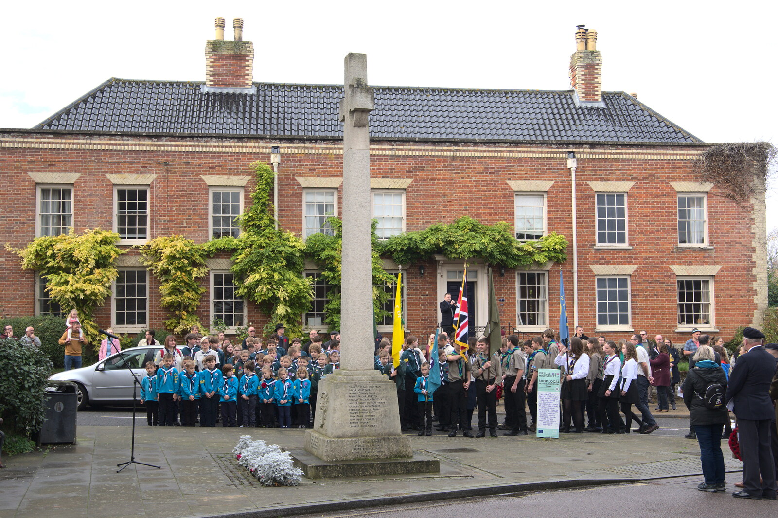 The Scouts' Remembrance Day Parade, Eye, Suffolk - 13th November 2022: Various Scouts assemble by the War Memorial