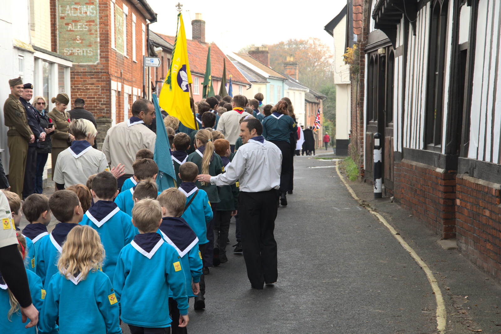 The Scouts' Remembrance Day Parade, Eye, Suffolk - 13th November 2022: The parade moves up Church Street