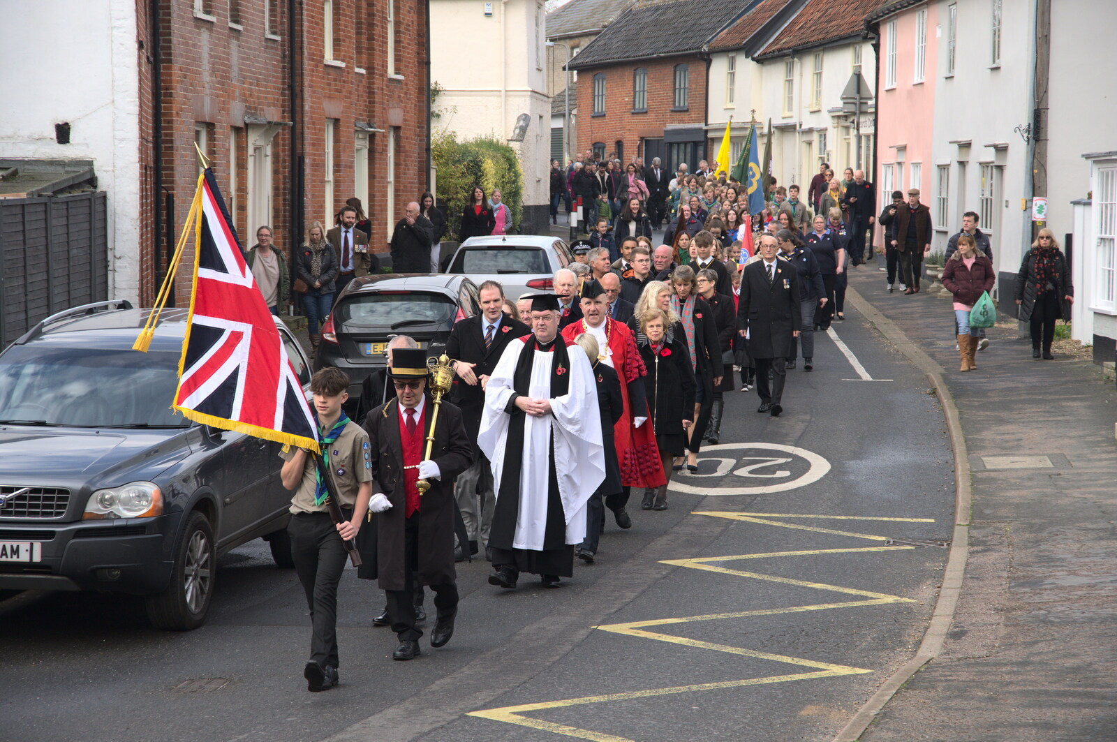 The Scouts' Remembrance Day Parade, Eye, Suffolk - 13th November 2022: Church Street and the massed parade