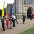 The Flag Bearers line up outside the church, The Scouts' Remembrance Day Parade, Eye, Suffolk - 13th November 2022