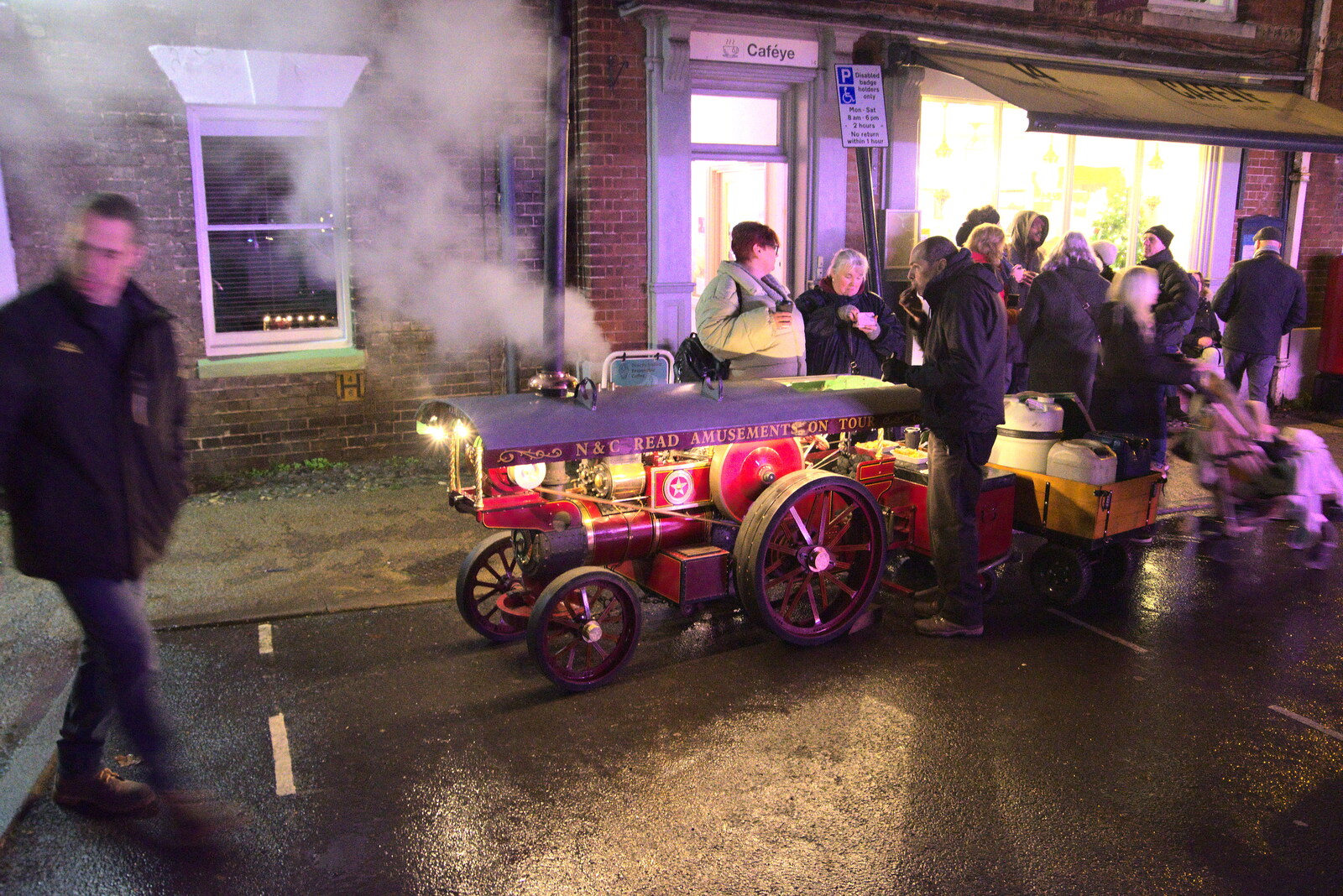 There's a cool mini traction engine outside Caféye from Eye Lights and the GSB at Botesdale, Suffolk - 2nd December 2022