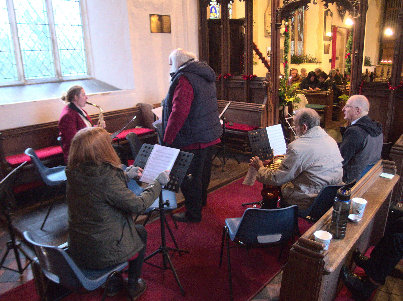The GSB sets up in St. Mary's from The Gislingham Silver Band at Thornham and Yaxley, Suffolk - 19th December 2022