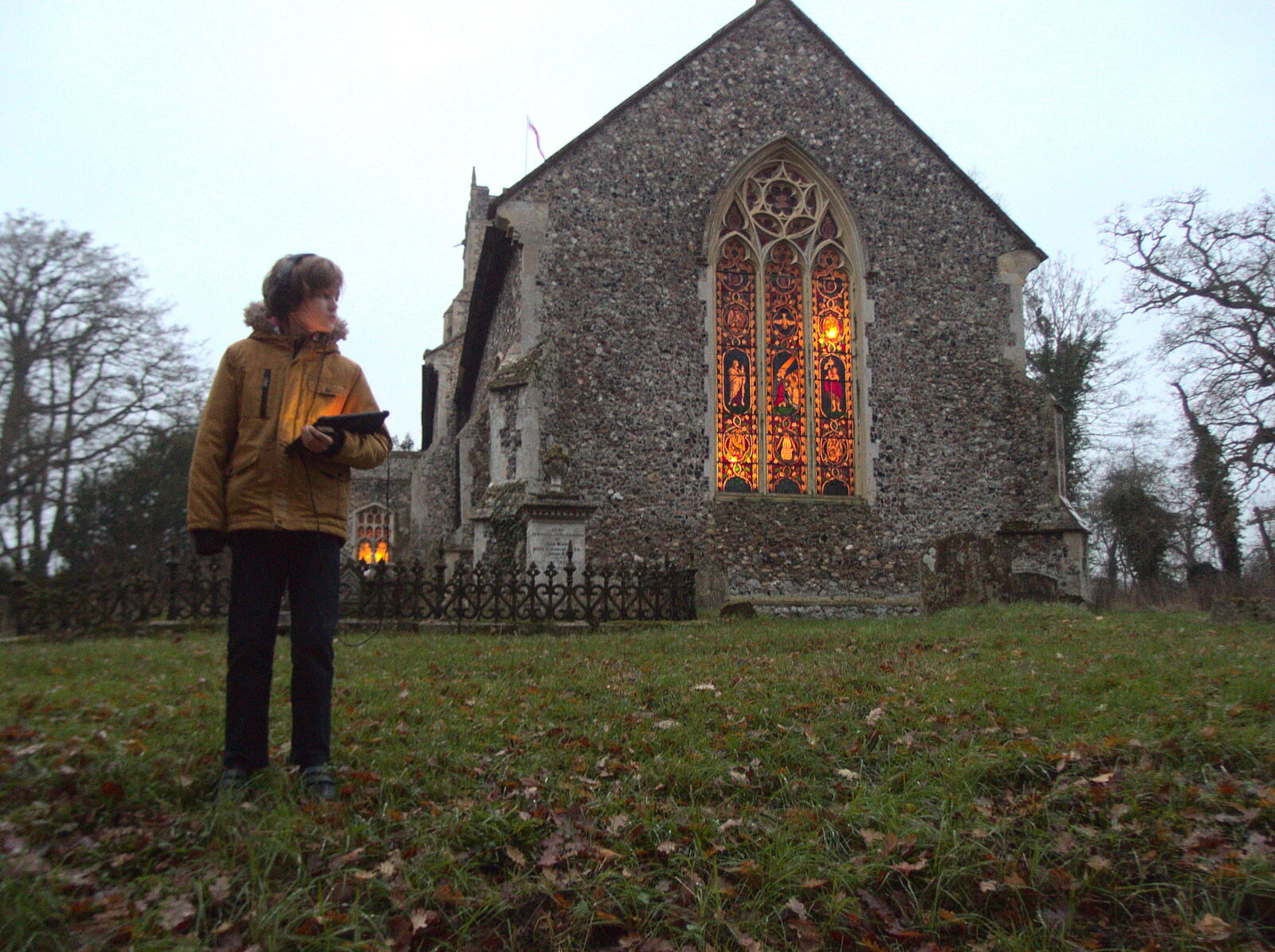 Harry stands outside St. Mary's like a surveyor from The Gislingham Silver Band at Thornham and Yaxley, Suffolk - 19th December 2022