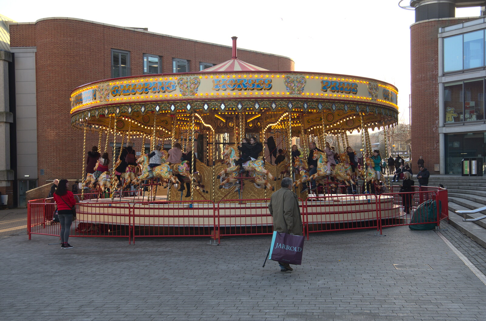 The gallopers outside the Forum from Christmas Shopping in Norwich, Norfolk - 21st December 2022