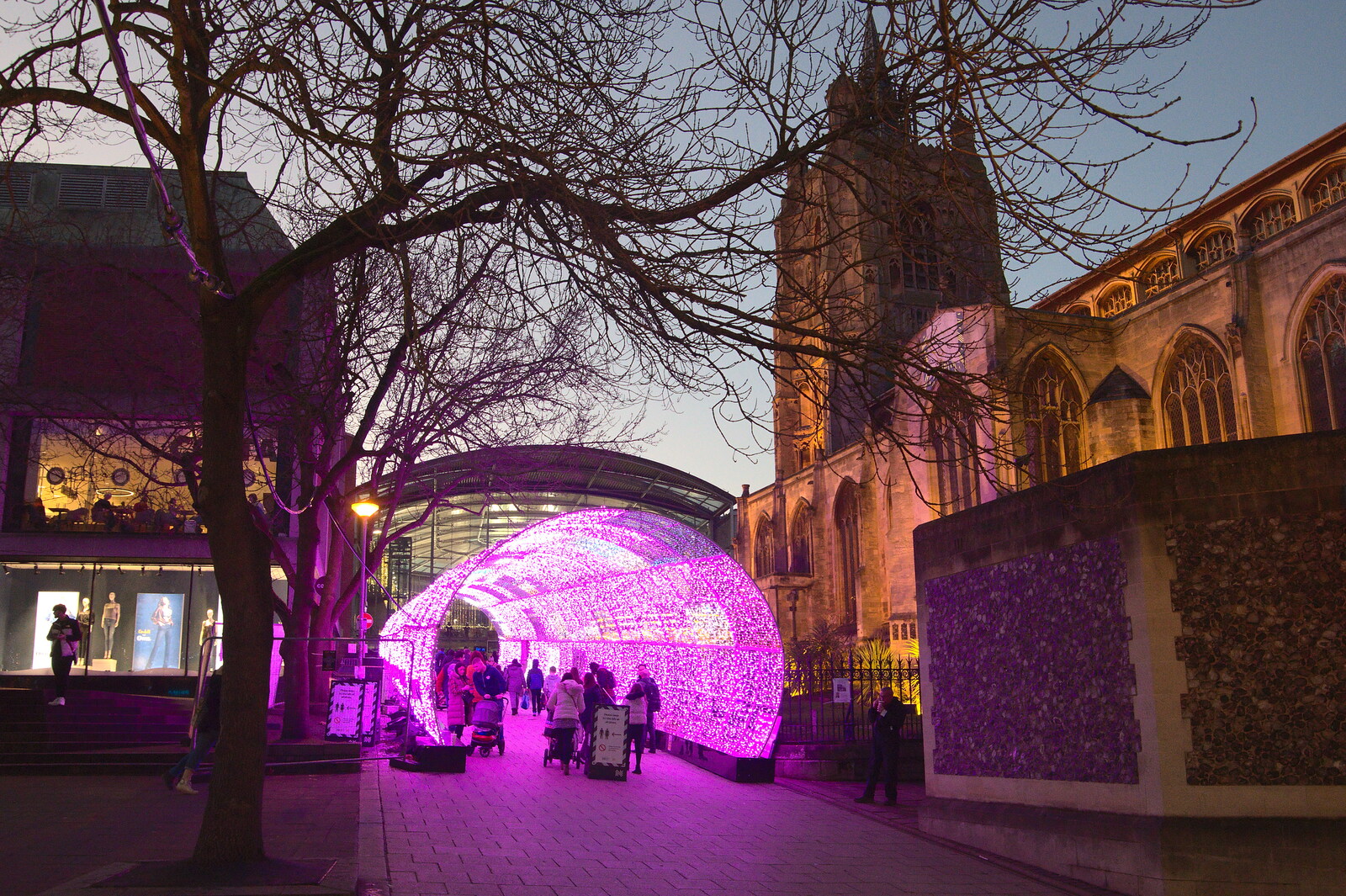 The light tunnel by St. Peter Mancroft from Christmas Shopping in Norwich, Norfolk - 21st December 2022